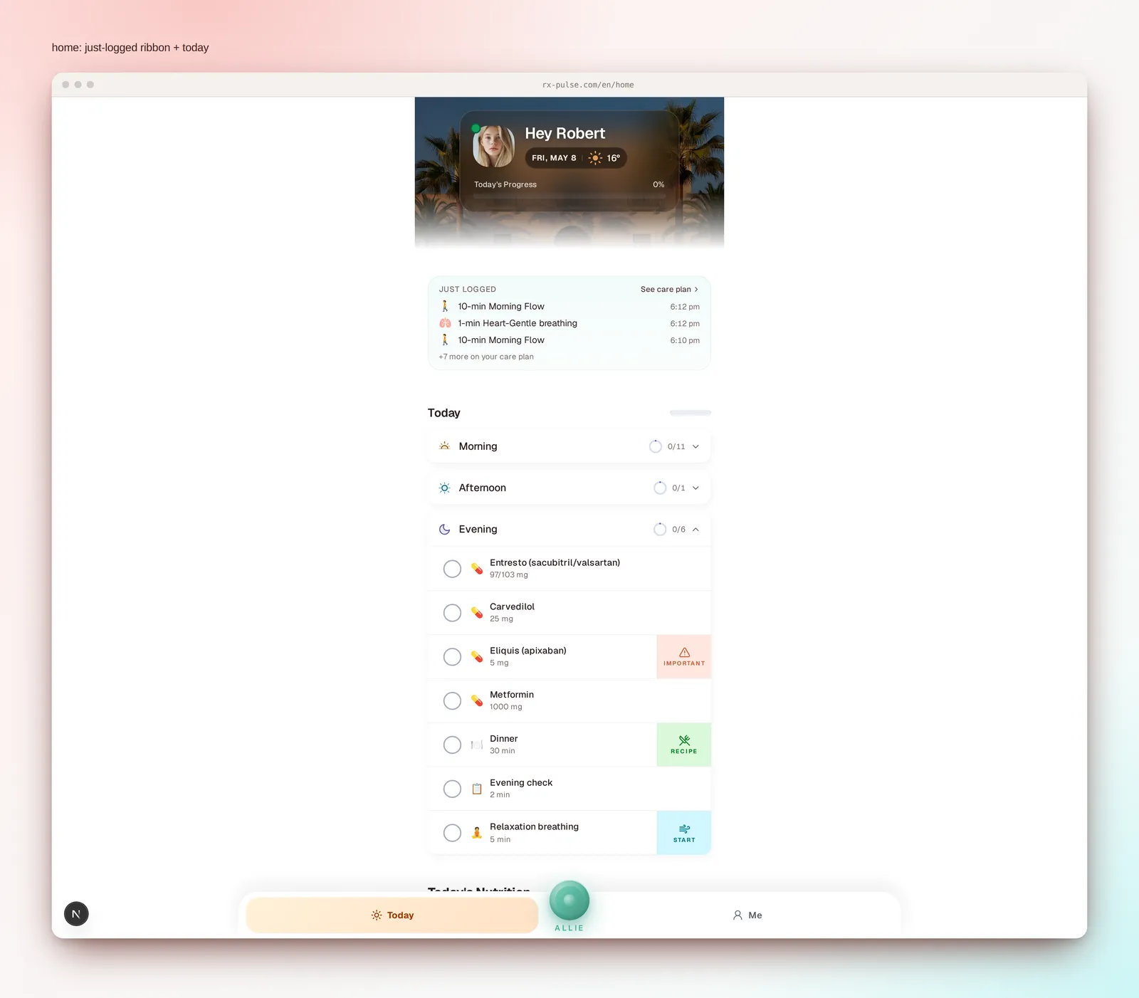 Home tab with the new Just-Logged ribbon above today's checklist