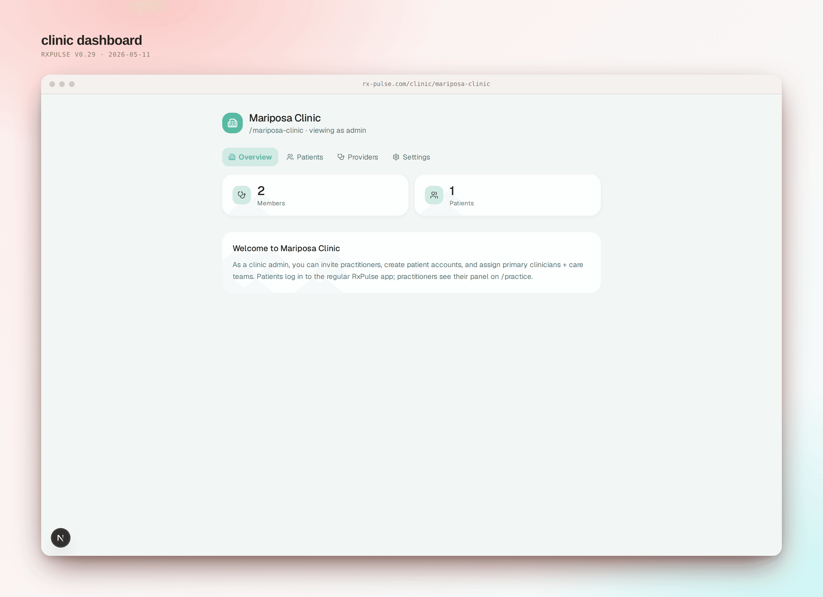 Clinic dashboard with member + patient counts
