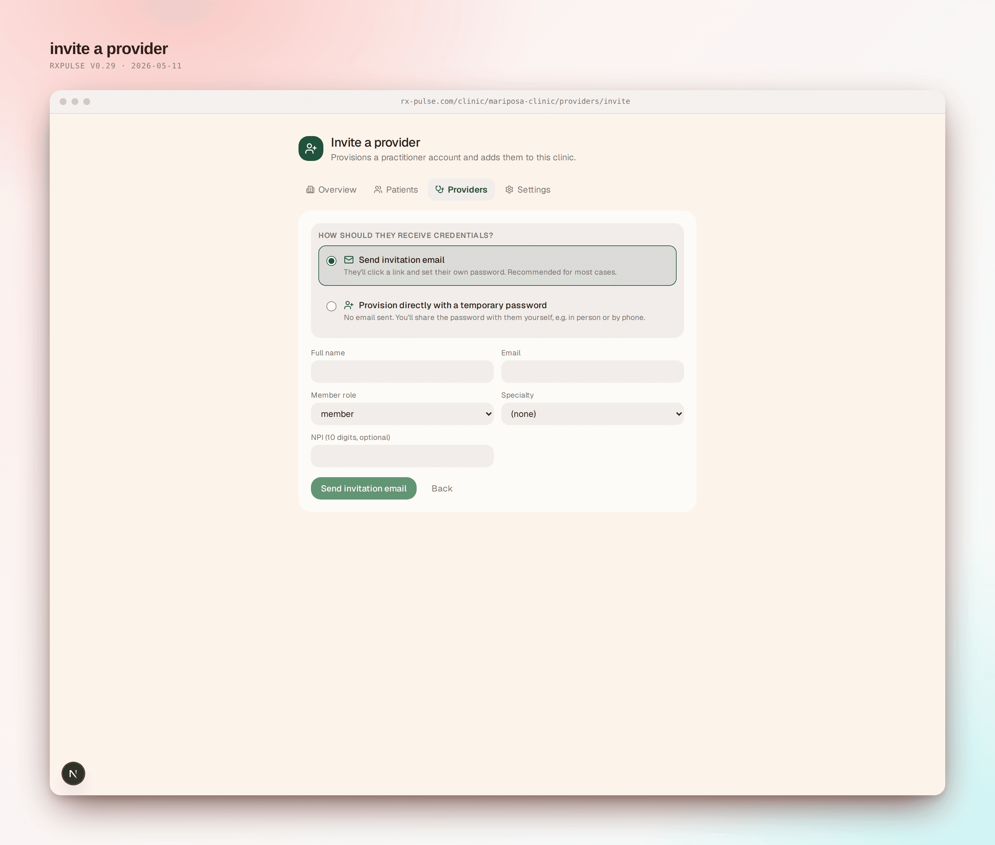 Invite-a-provider form with specialty and NPI