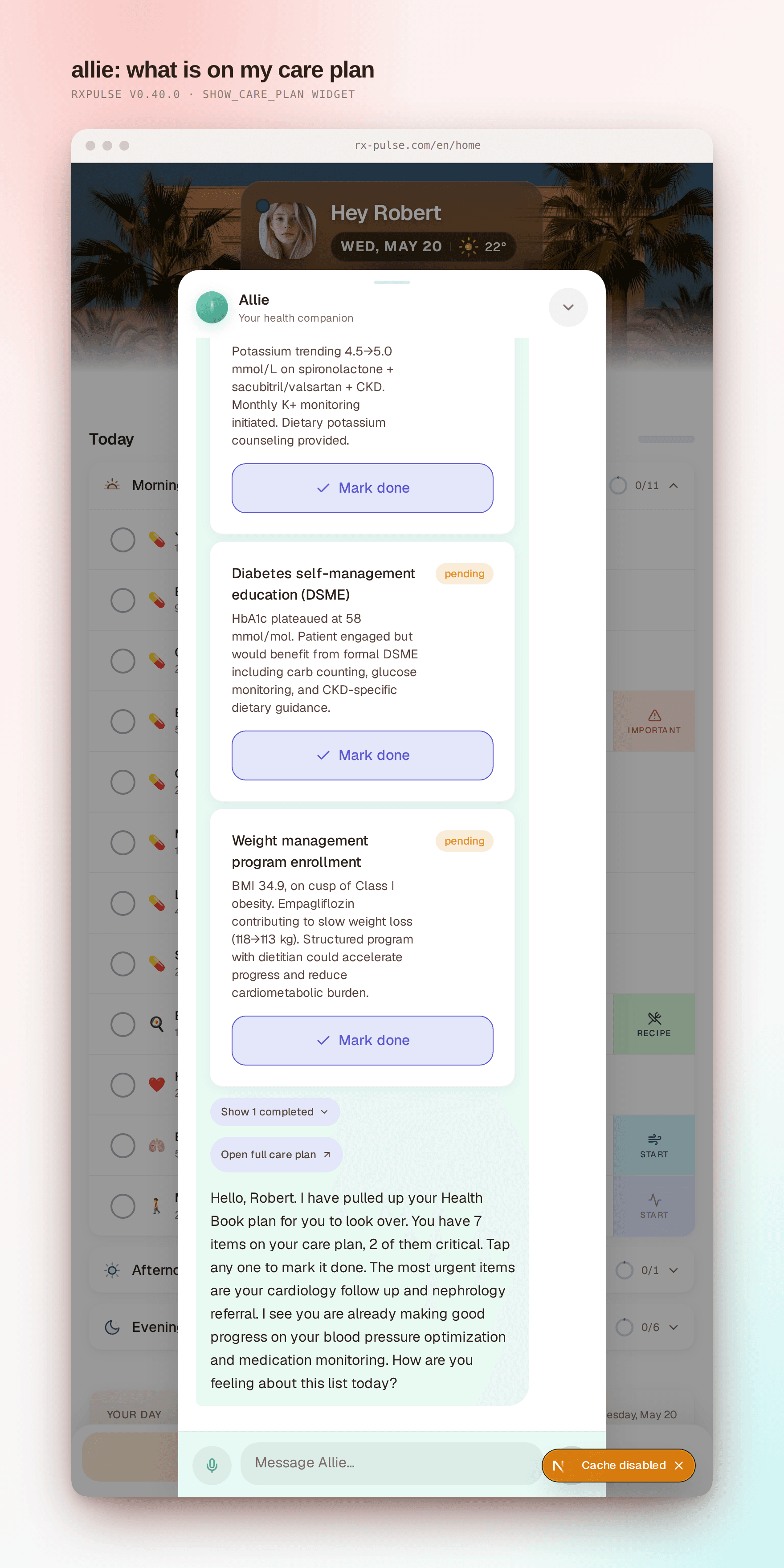 Allie chat showing the care-plan widget inline. The widget header reads "Care plan" with a small status chip; below it a stacked list of plan steps with their state shown in soft sage and warm cream.