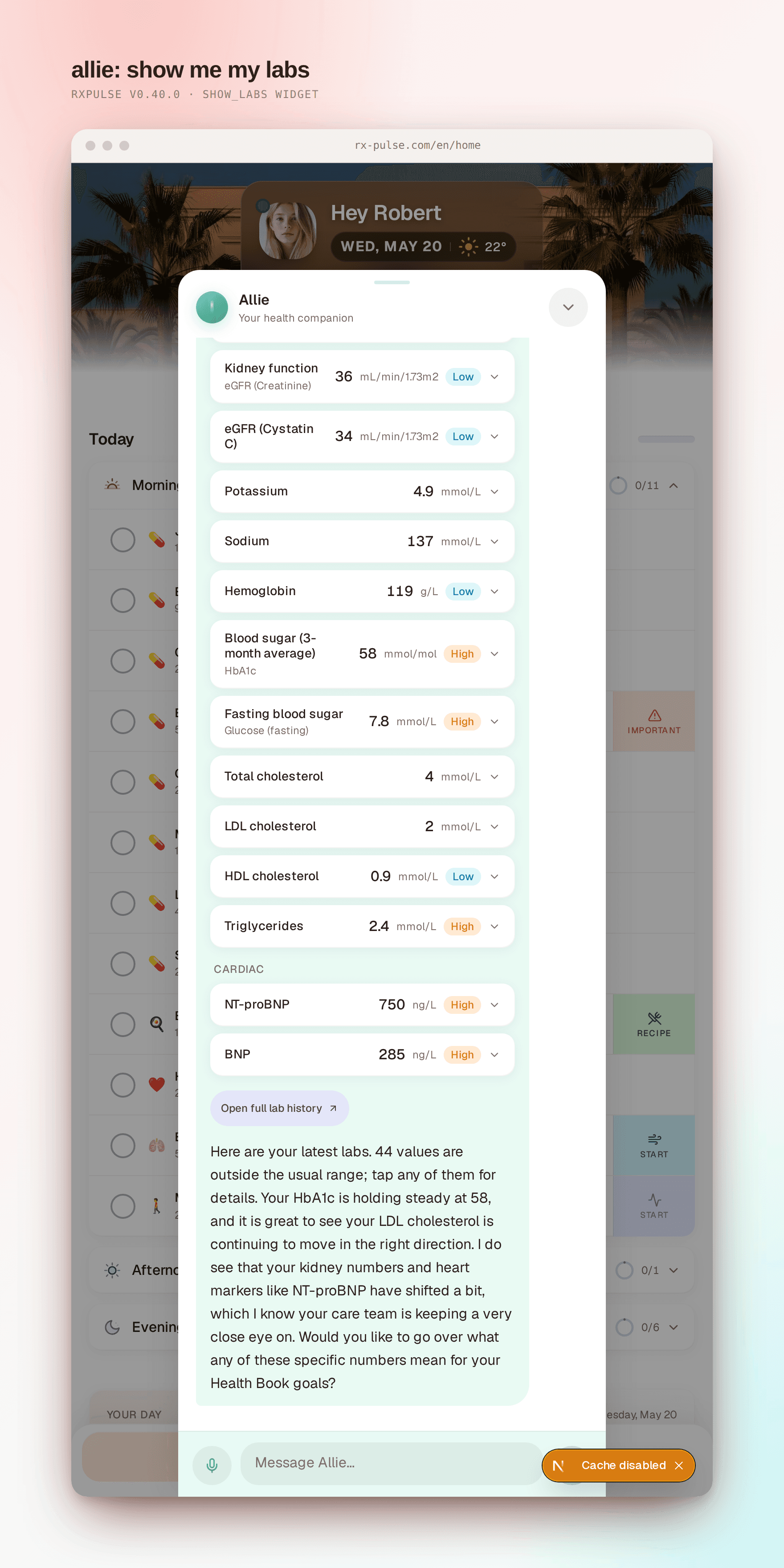 Allie chat showing the lab-results widget. A scrollable list of recent labs with normal-range chips; one row is highlighted as flagged.