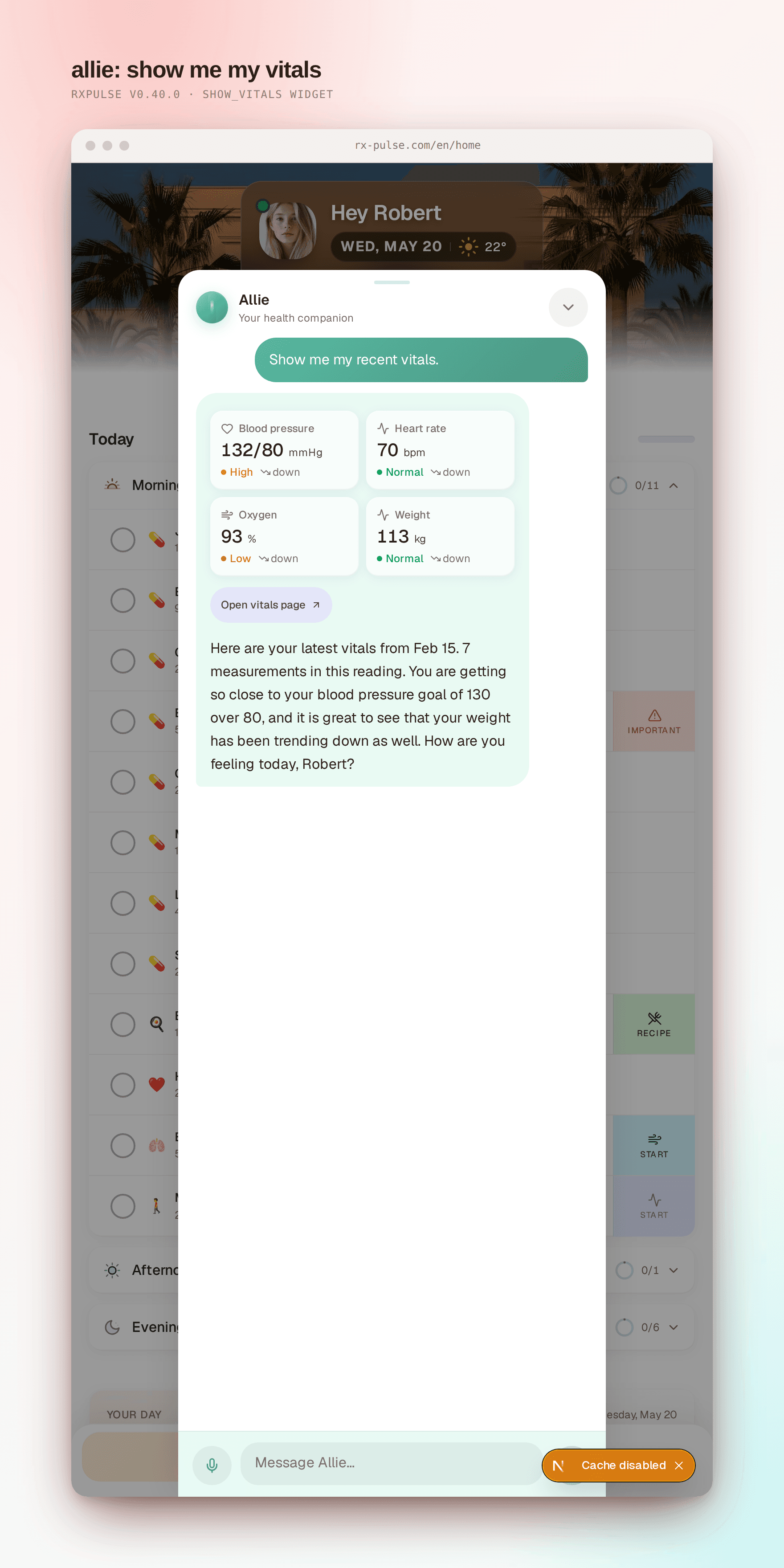 Allie chat showing the vitals snapshot inline. Two rows of vitals tiles with the most recent reading, the trend chip, and the timestamp; the widget keeps the home page rhythm.