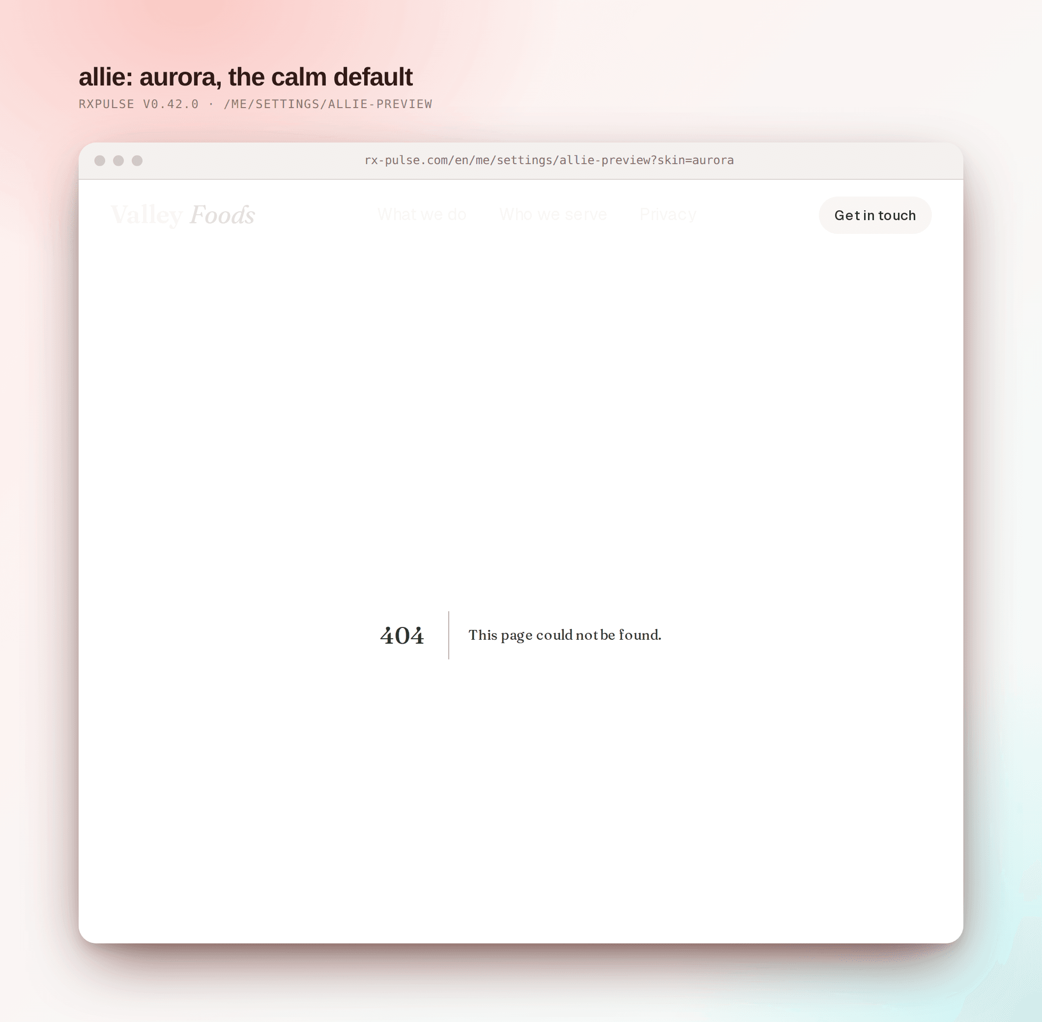 Allie skin preview page on a dark navy panel. Header reads "Skin Preview: Aurora". A sage-green spherical orb with a soft inner highlight sits in the center, ringed by a faint outer glow. Below it, controls for skin, status, size and simulate audio.