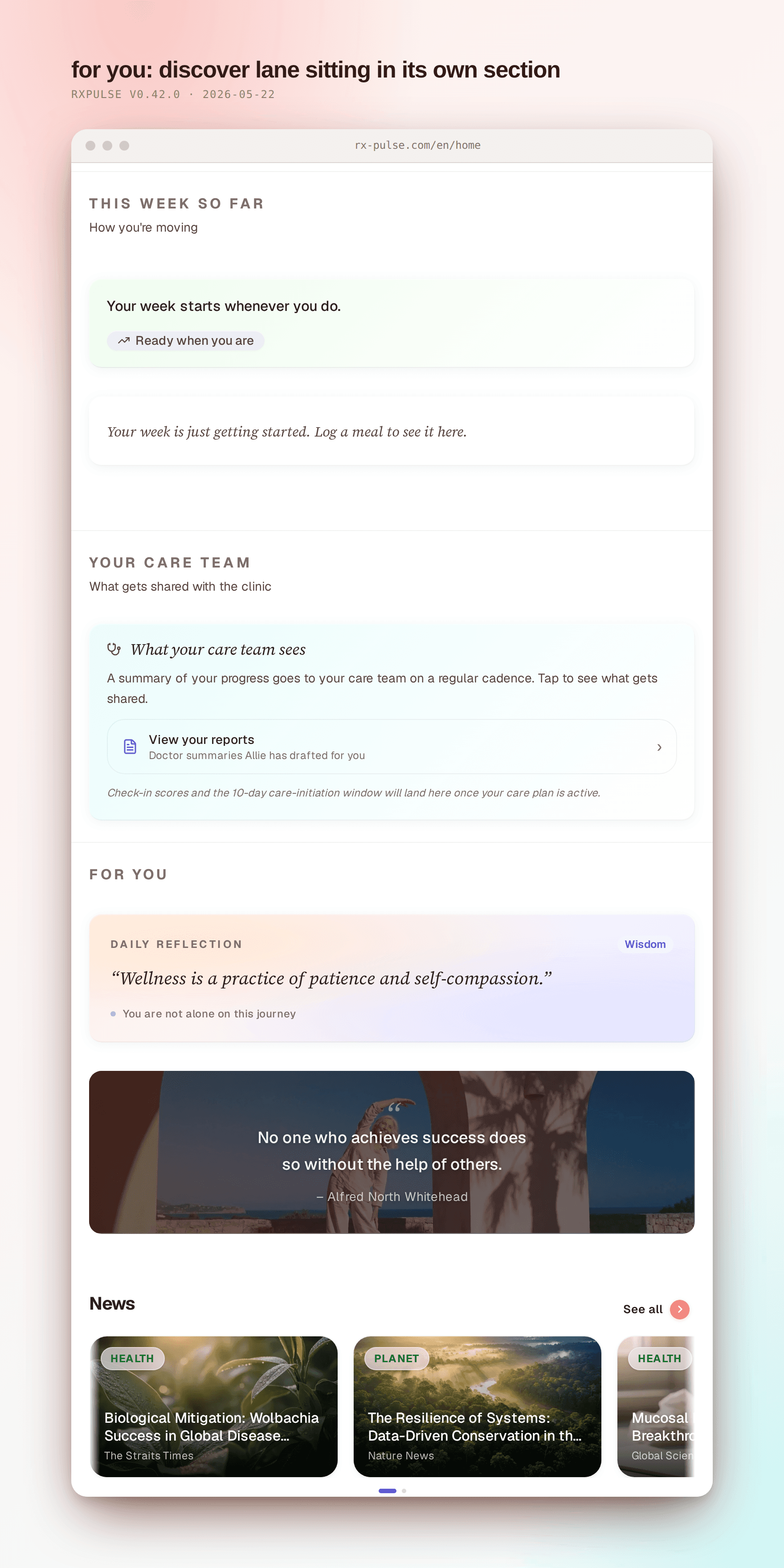 Home scrolled to the FOR YOU section. A Daily Reflection card with a wisdom quote, a Mediterranean image card with the line "No one who achieves success does so without the help of others", and a News lane below with three health article cards.