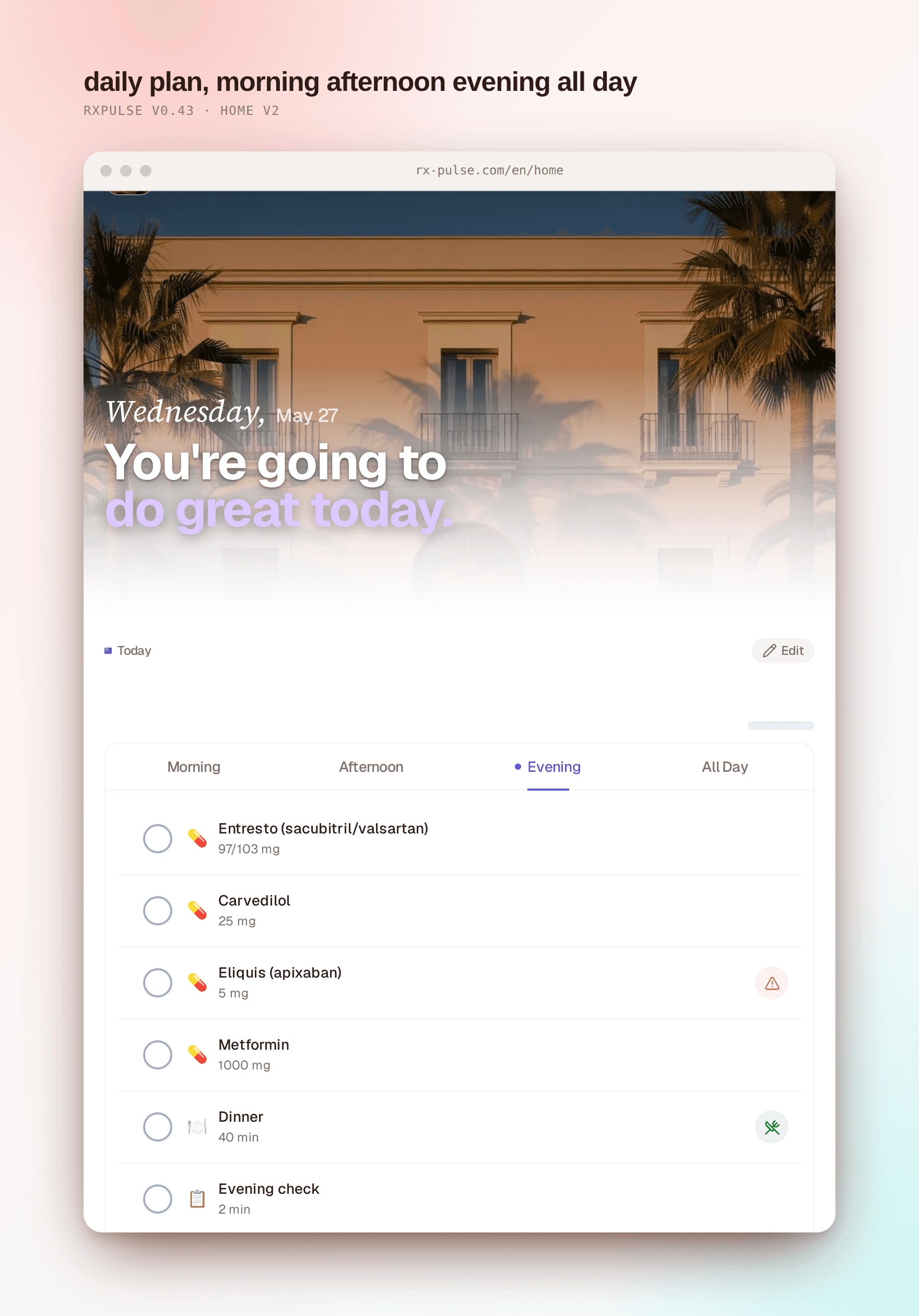 Daily plan card zoom: hairline divider, Morning / Afternoon / Evening / All Day tab row with a purple dot left of "Evening" and a short purple underline below it, then medication rows with circular checkbox plus pill icon plus title plus dose subtitle.