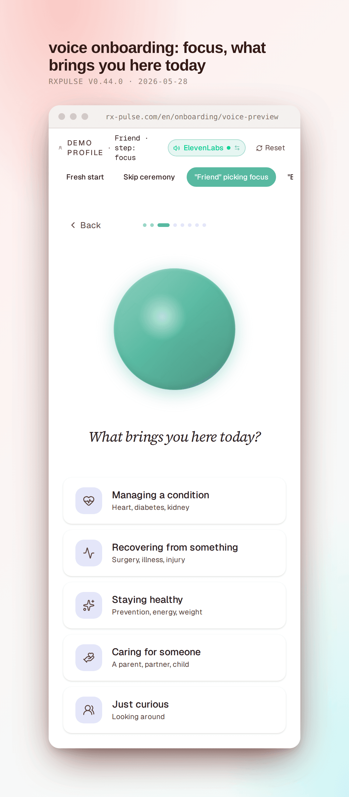 Voice onboarding focus step. The profile chip reads "Friend · step: focus" with progress dots showing the third step active. A "Back" link sits left of the dots. The orb sits above the question "What brings you here today?" in italic serif. Below, five rounded cards stack vertically: Managing a condition (Heart, diabetes, kidney), Recovering from something (Surgery, illness, injury), Staying healthy (Prevention, energy, weight), Caring for someone (A parent, partner, child), Just curious (Looking around). Each card has a small lavender icon on the left.