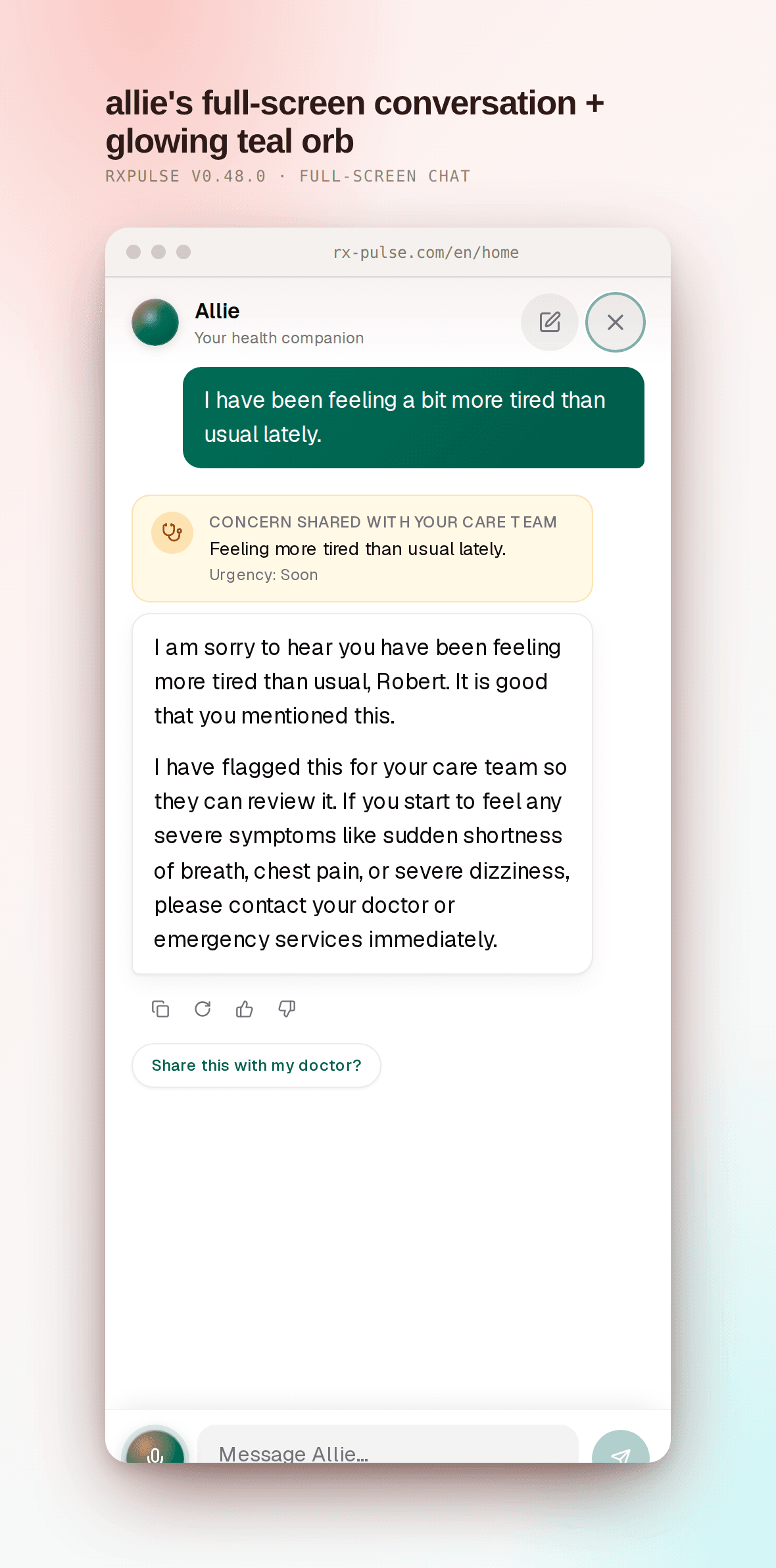 Allie's full-screen conversation with the glowing teal planet orb in the header, a cited reply about a medication, a source chip, copy and rate actions, and contextual follow-up suggestions.