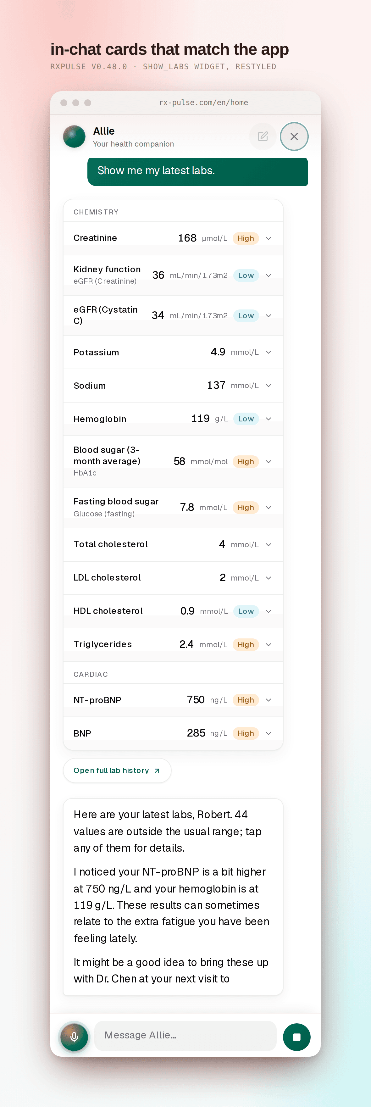 An in-chat lab card inside an Allie reply, restyled to match the surfaces of the rest of the app, with a "view lab history" action and follow-up suggestion chips.