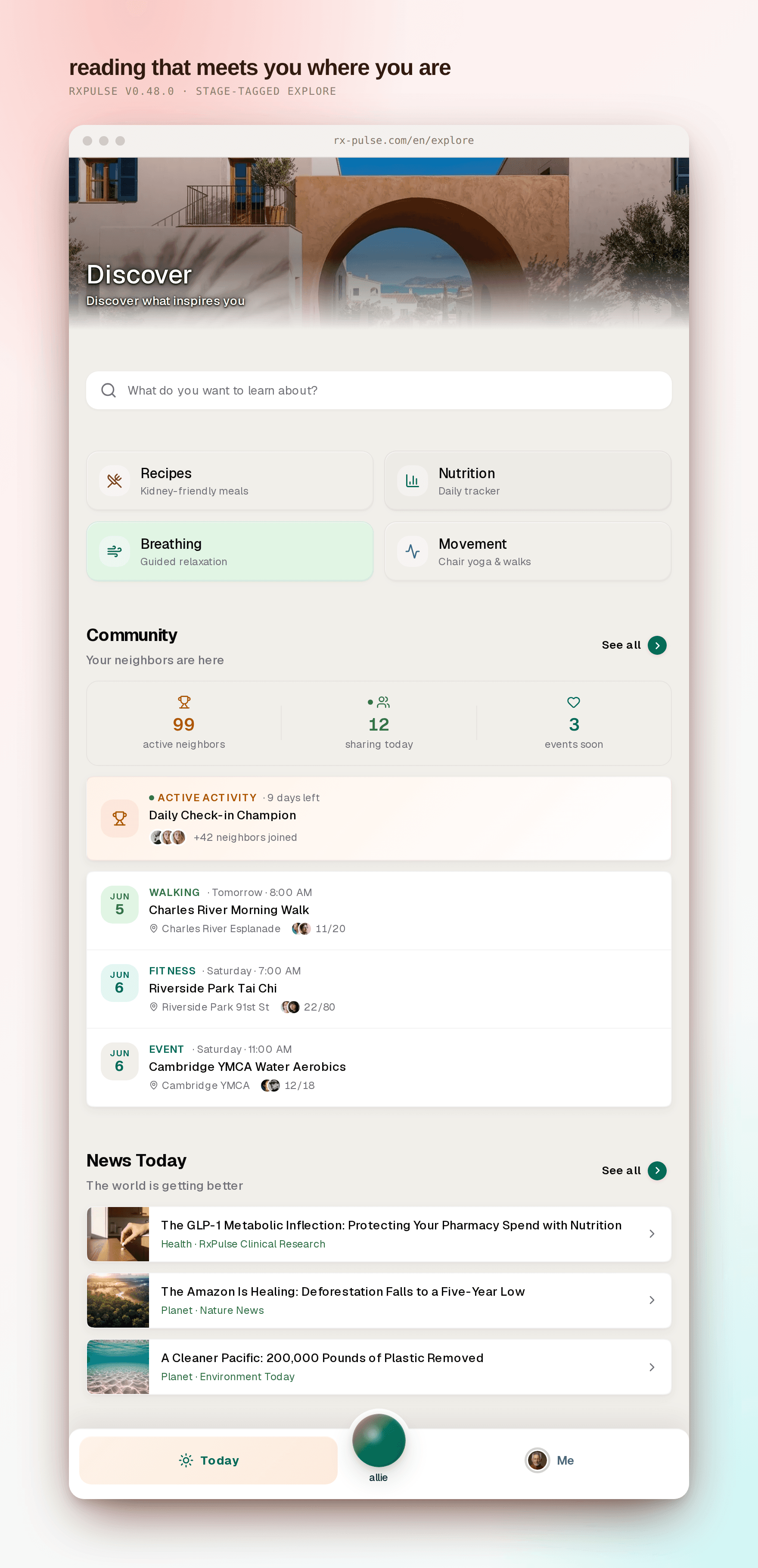 The explore page with stage-ordered topics, a "find your community" bridge card, a warmed news feed, and a featured article bylined to the RxPulse Care Team.