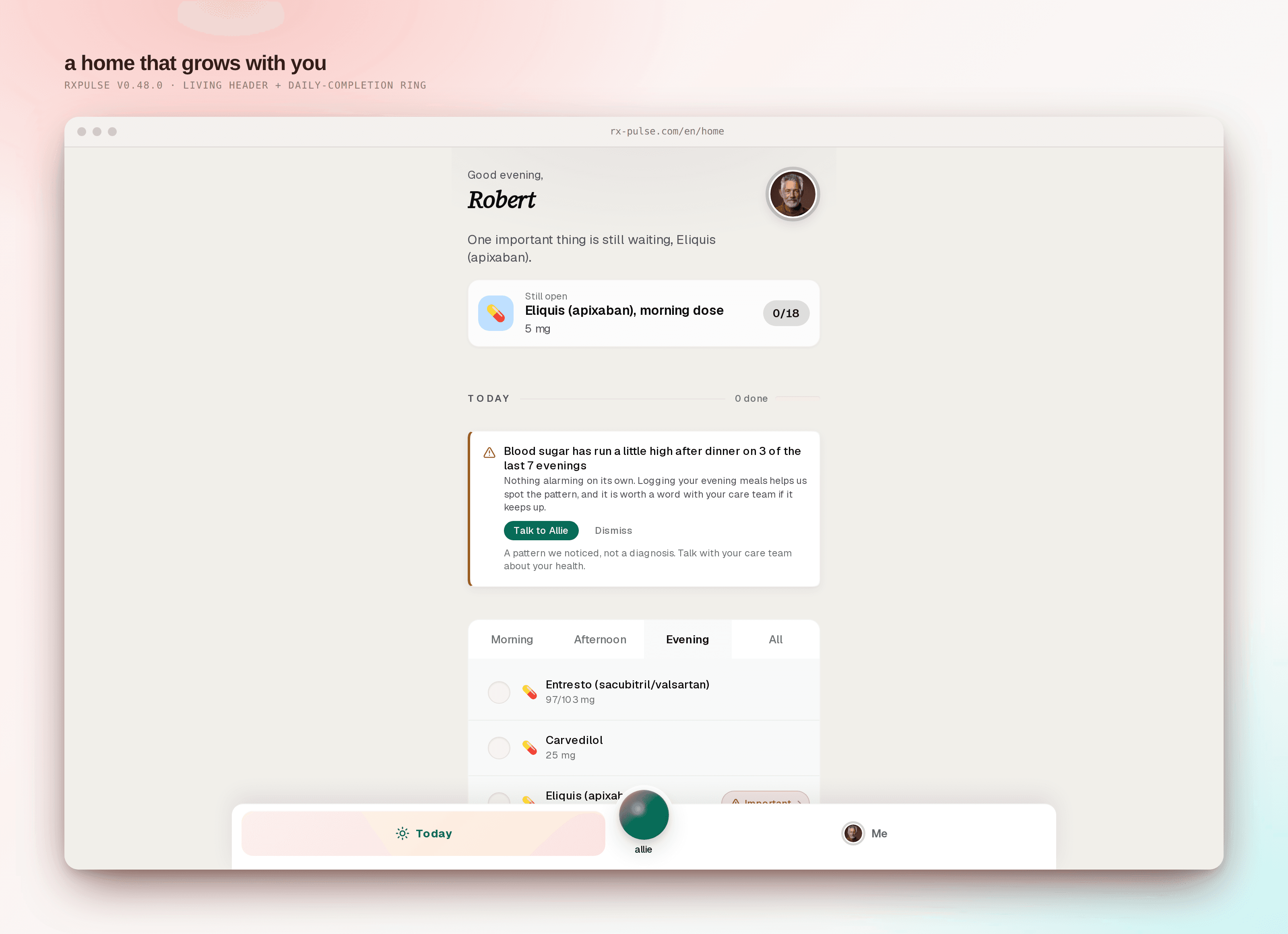 The patient home opening with a soft serif "Good morning, Robert", the avatar wrapped in a daily-completion ring, a first-run welcome card, and the day grouped into morning, afternoon, and evening with meal photos.