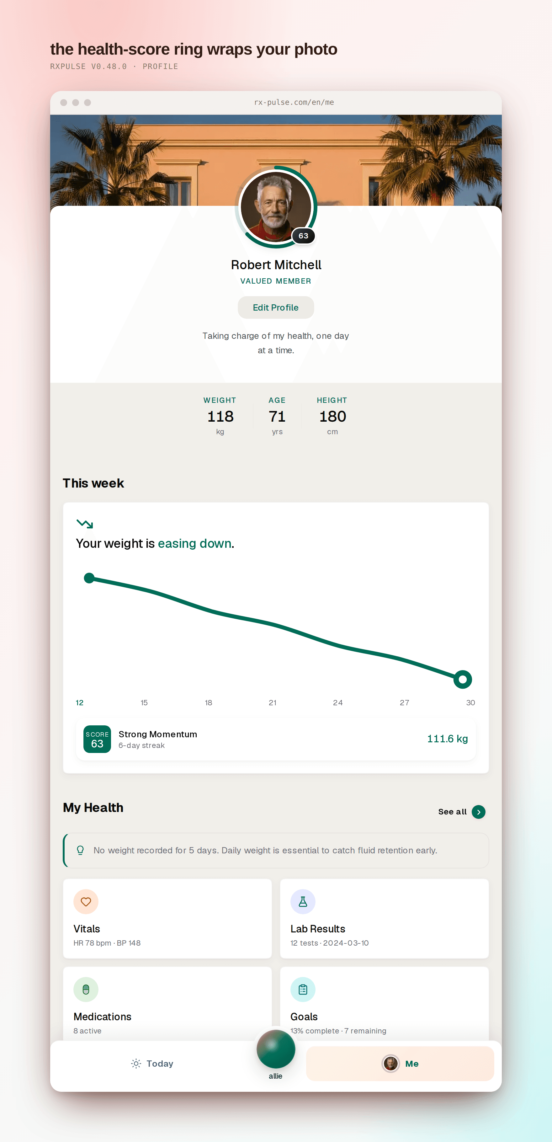 The profile page with the health-score arc wrapping the patient's photo as a tappable ring and a score badge.