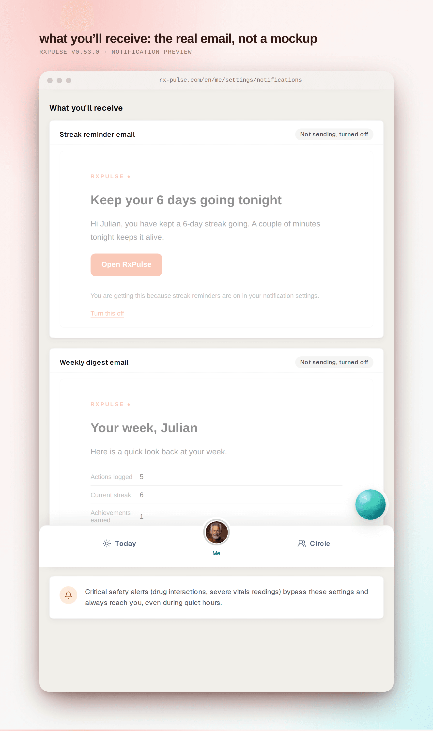 The what you'll receive section rendering the actual streak reminder and weekly digest emails with the patient's name and current streak, each dimmed with a not-sending note.
