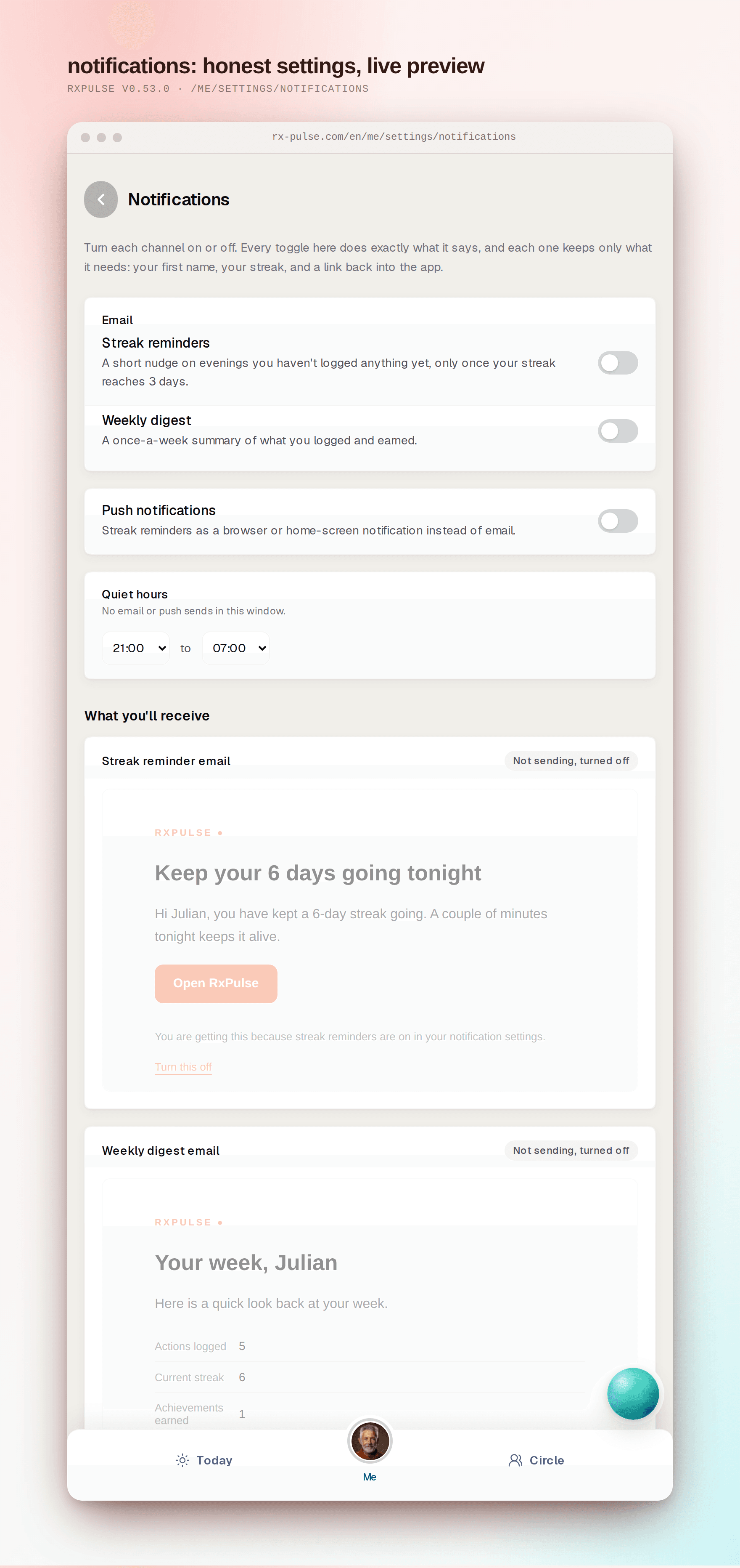 The rebuilt notification settings page with real per-channel toggles, quiet hours, and digest day controls.