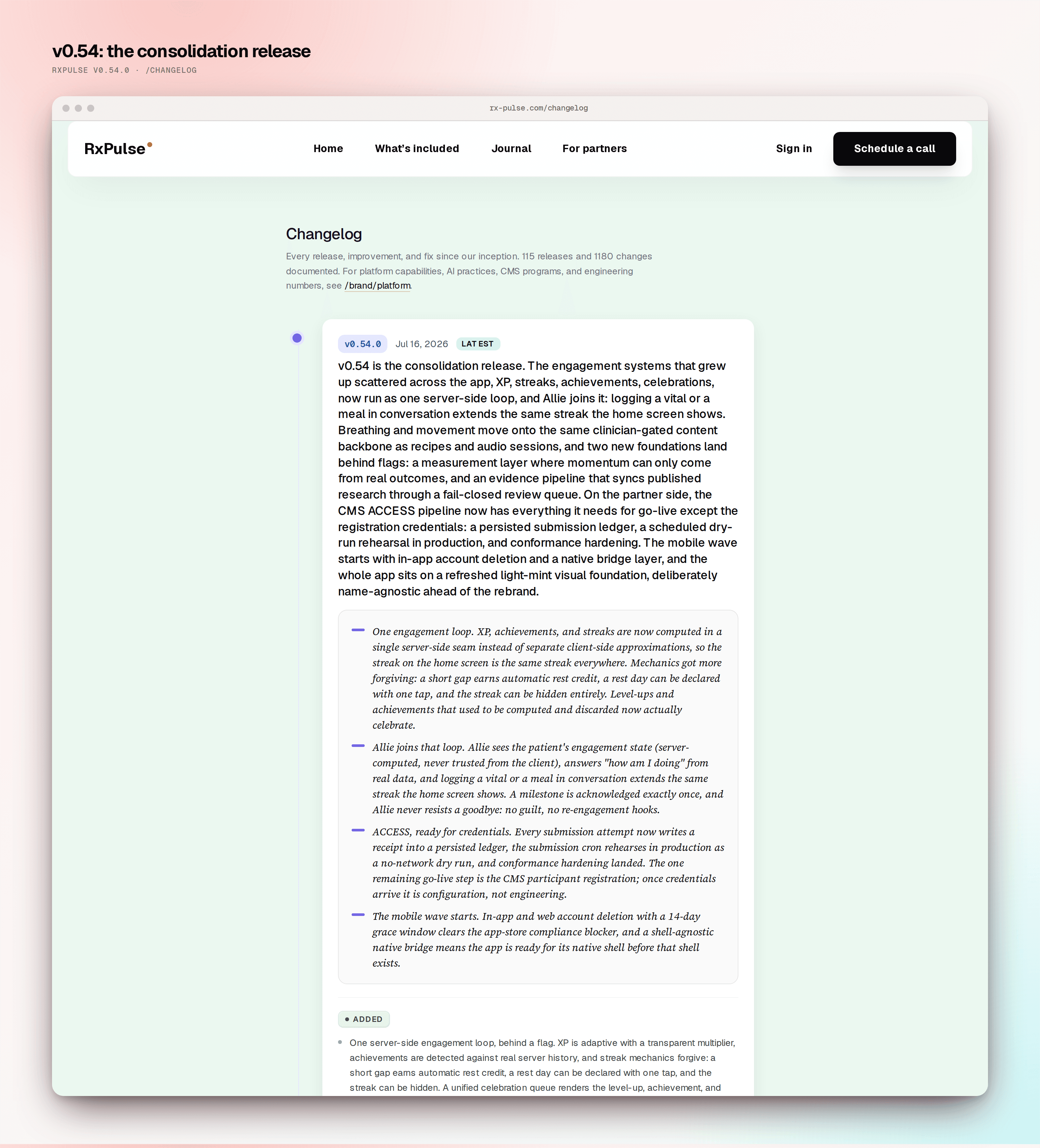 The public changelog page showing the v0.54 consolidation release entry.