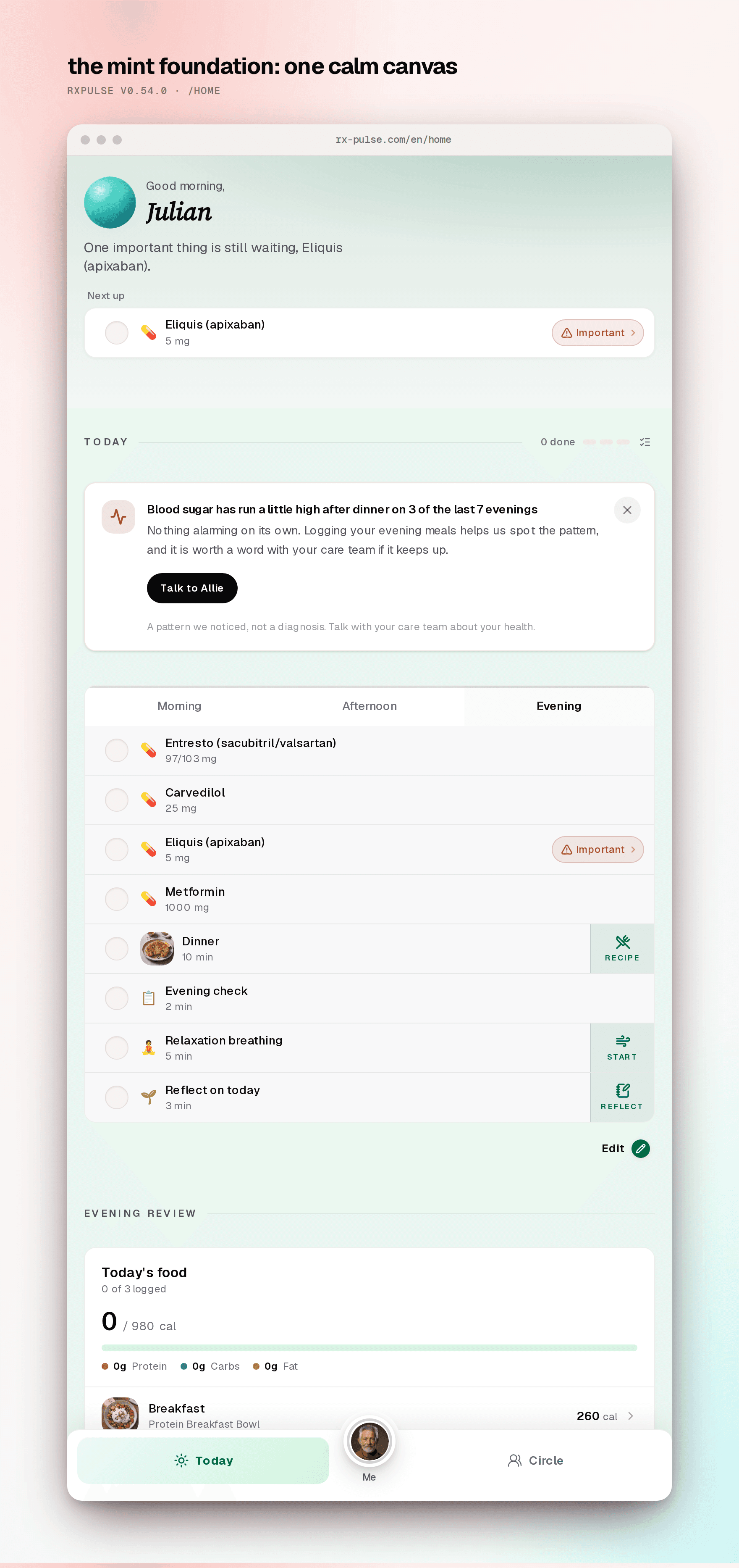 The home screen on the refreshed light-mint foundation, with the Today plan, an evening insight card, and the evening review.