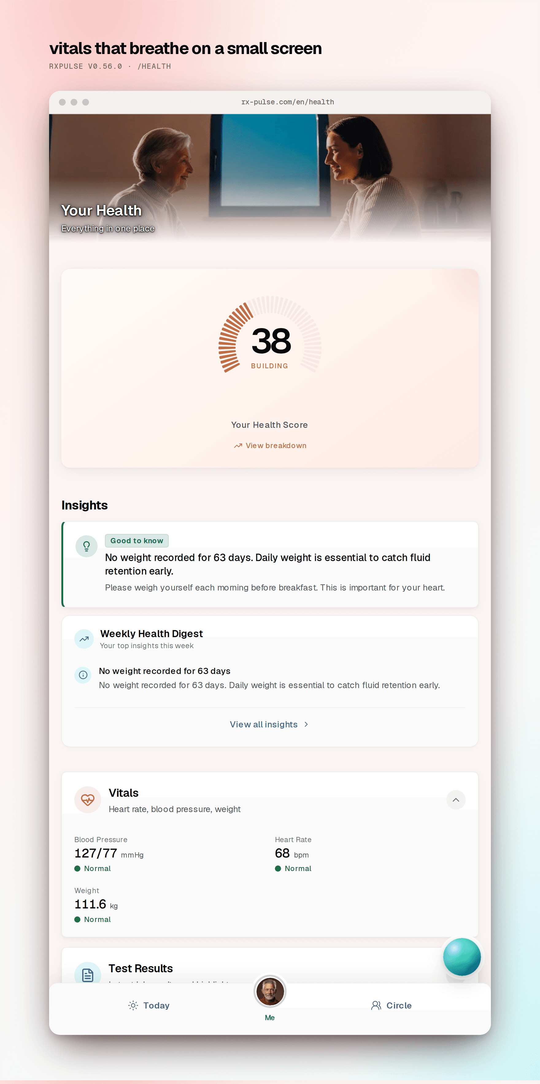The health page with vitals stat tiles, trend sparklines, and status chips on a narrow viewport.