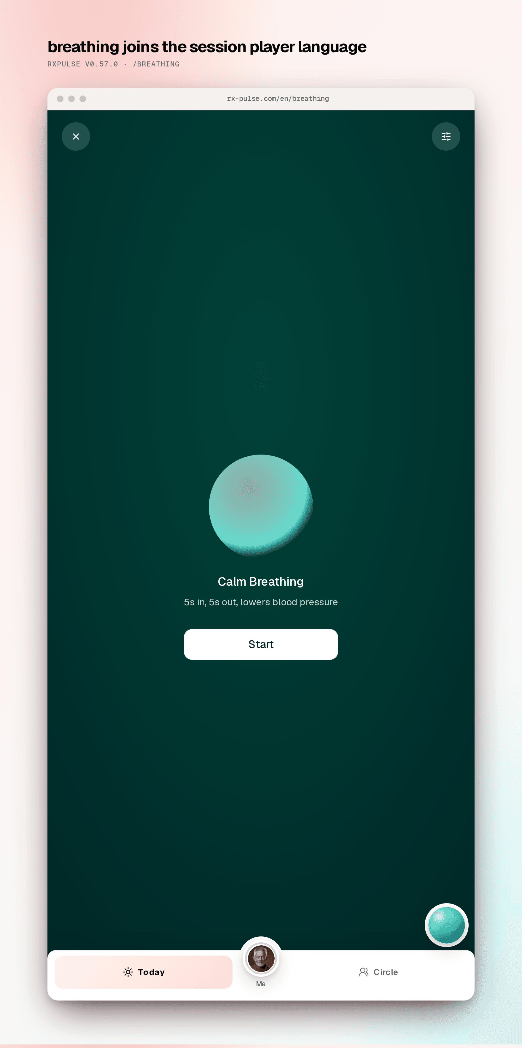 The breathing exercise as a full-bleed immersive stage: glowing orb, pattern name, one line of guidance, and a quiet settings button.
