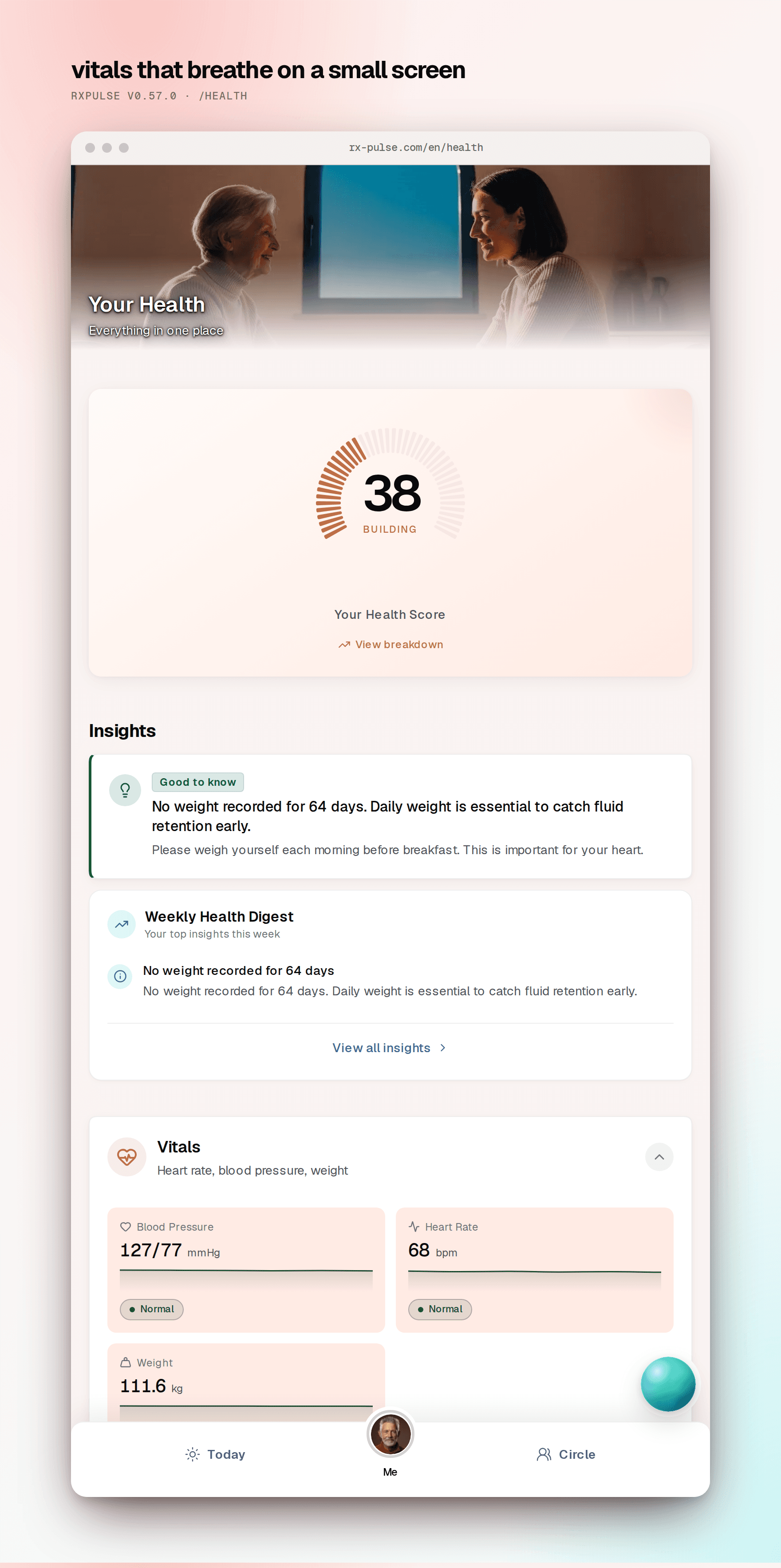 The health page with the copper health-score gauge and vitals stat tiles carrying trend sparklines and status chips.