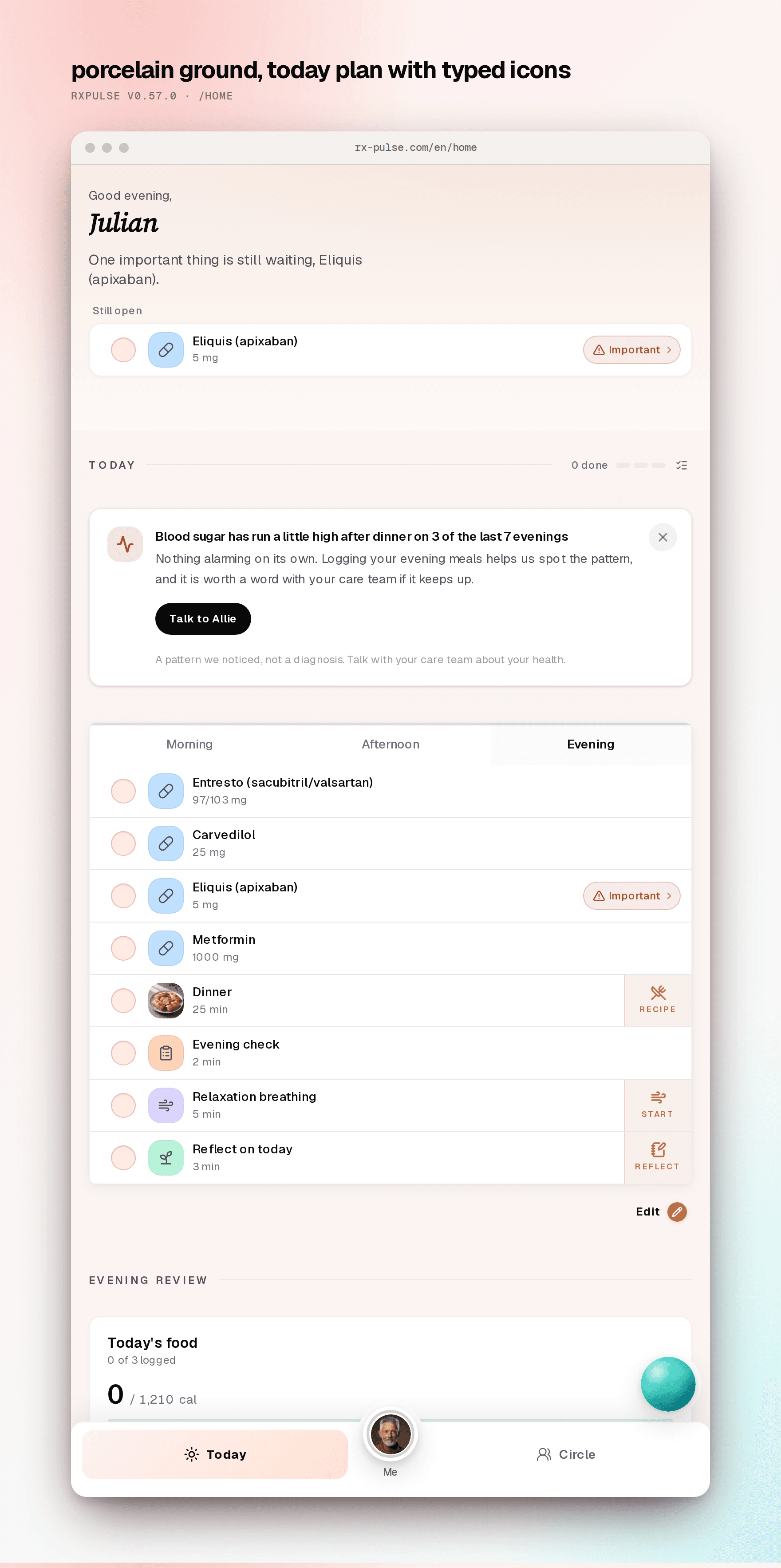 The home screen in the settled design system: ink buttons, coral action rails, porcelain ground.