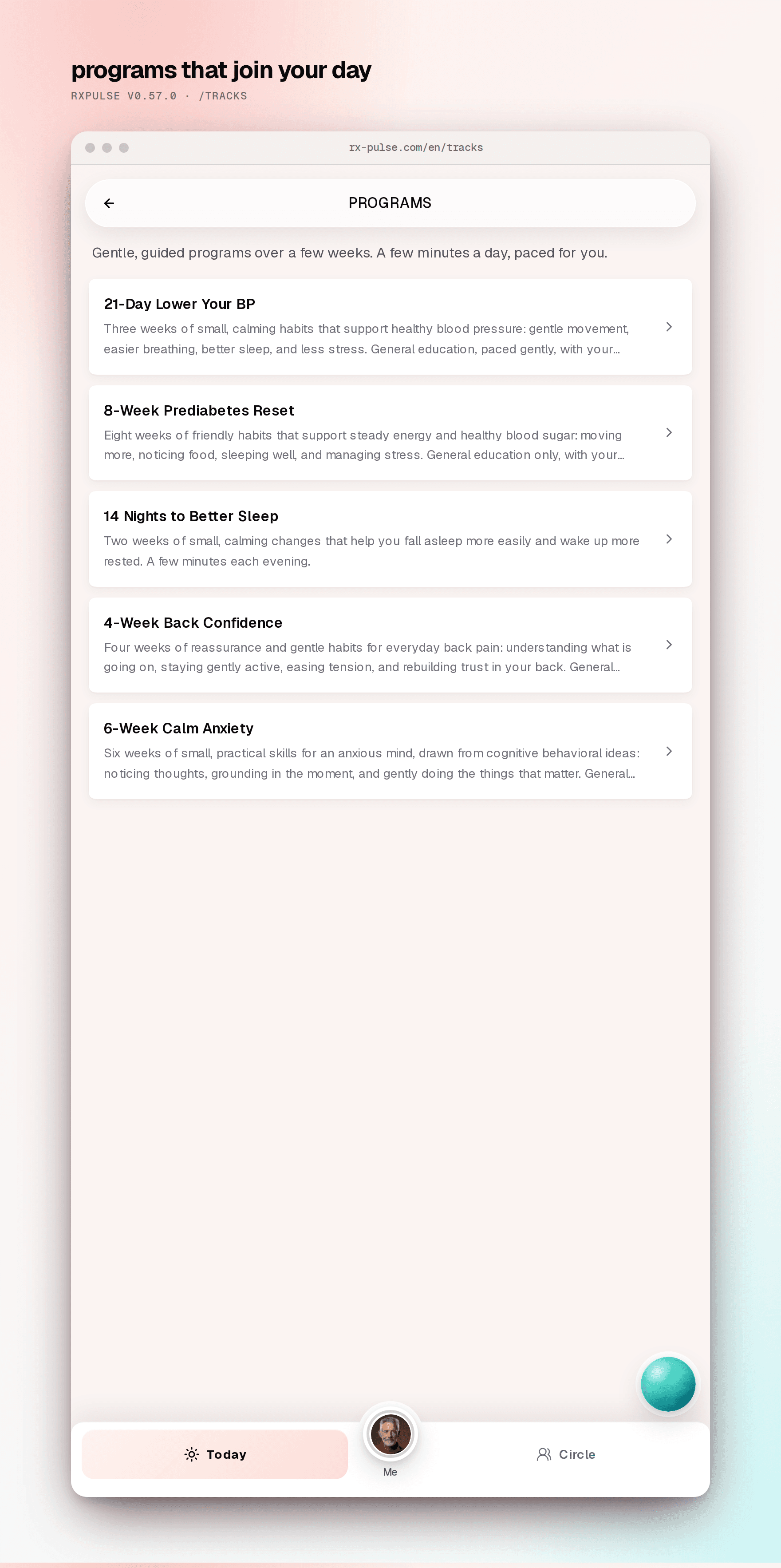 The programs listing: multi-week tracks with warm covers and no redundant duration badges.