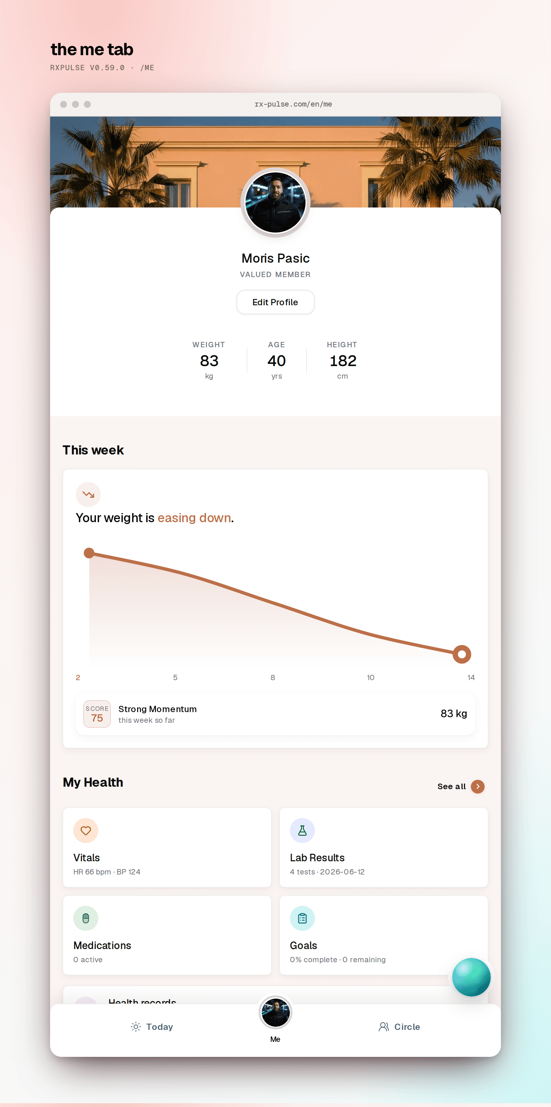 The Me tab with profile ring, achievements, and settings entries on white cards.