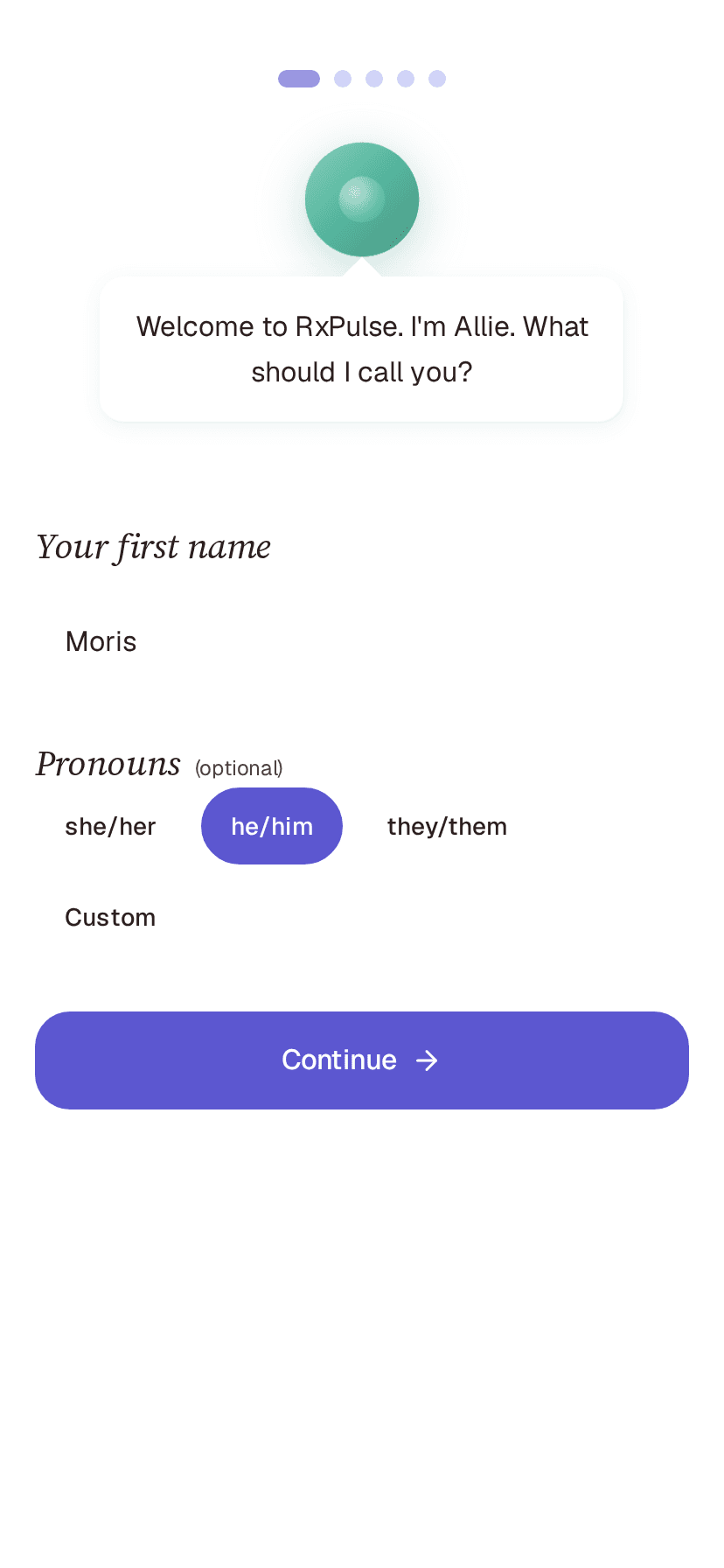 Onboarding welcome step with name + pronouns chips filled
