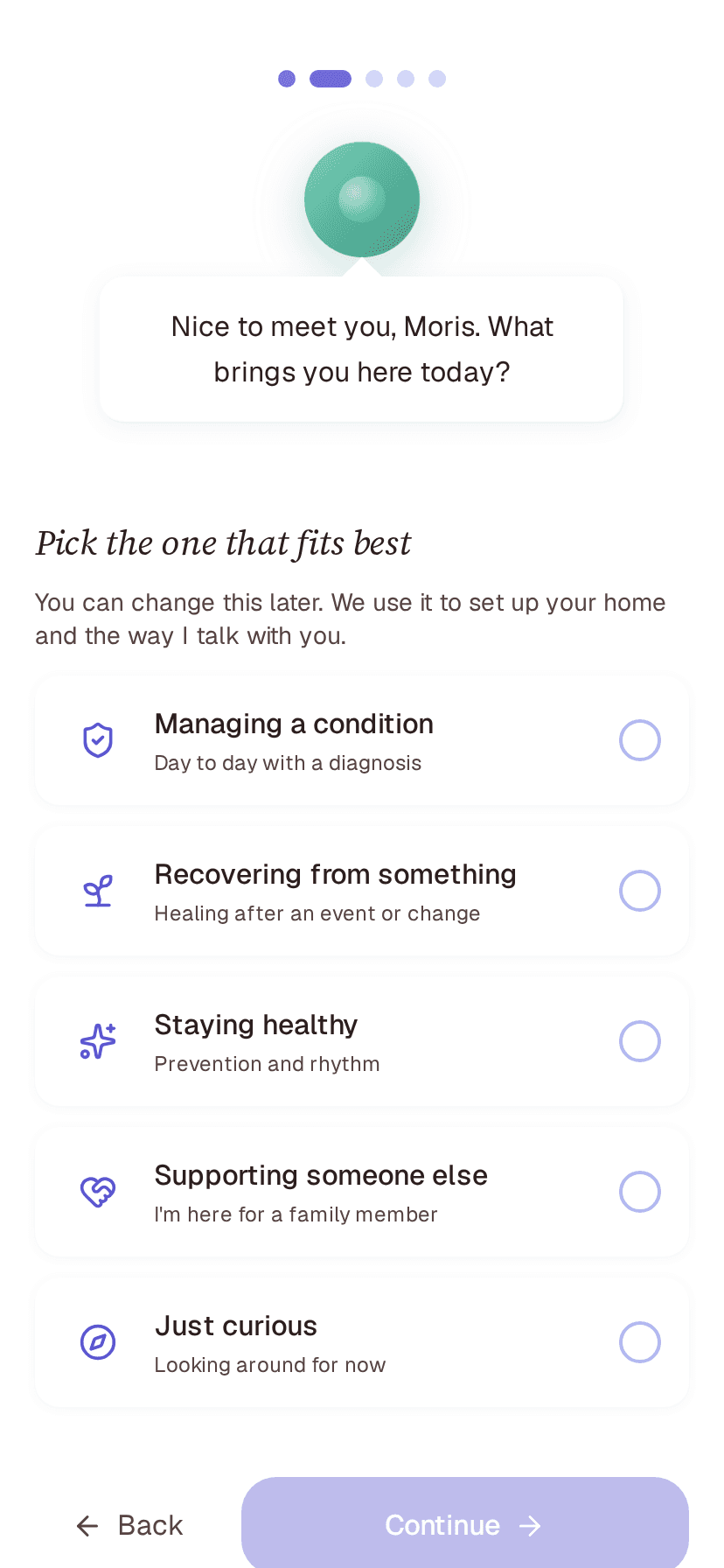 Onboarding focus picker with 5 intent options