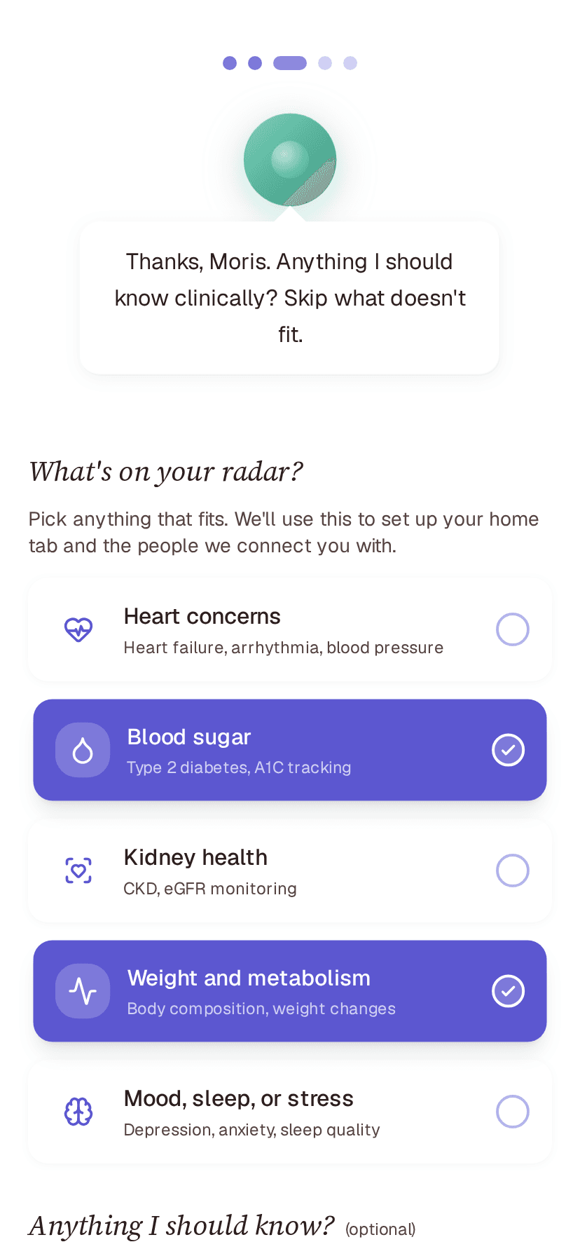 Conditions chip picker with blood sugar + weight selected