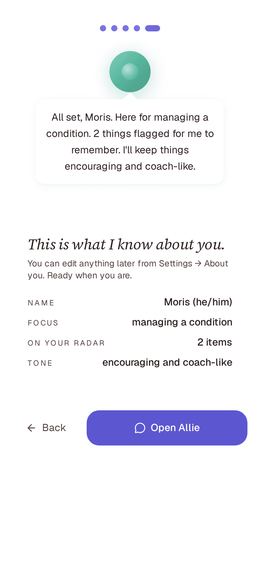 Onboarding recap step with Open Allie CTA