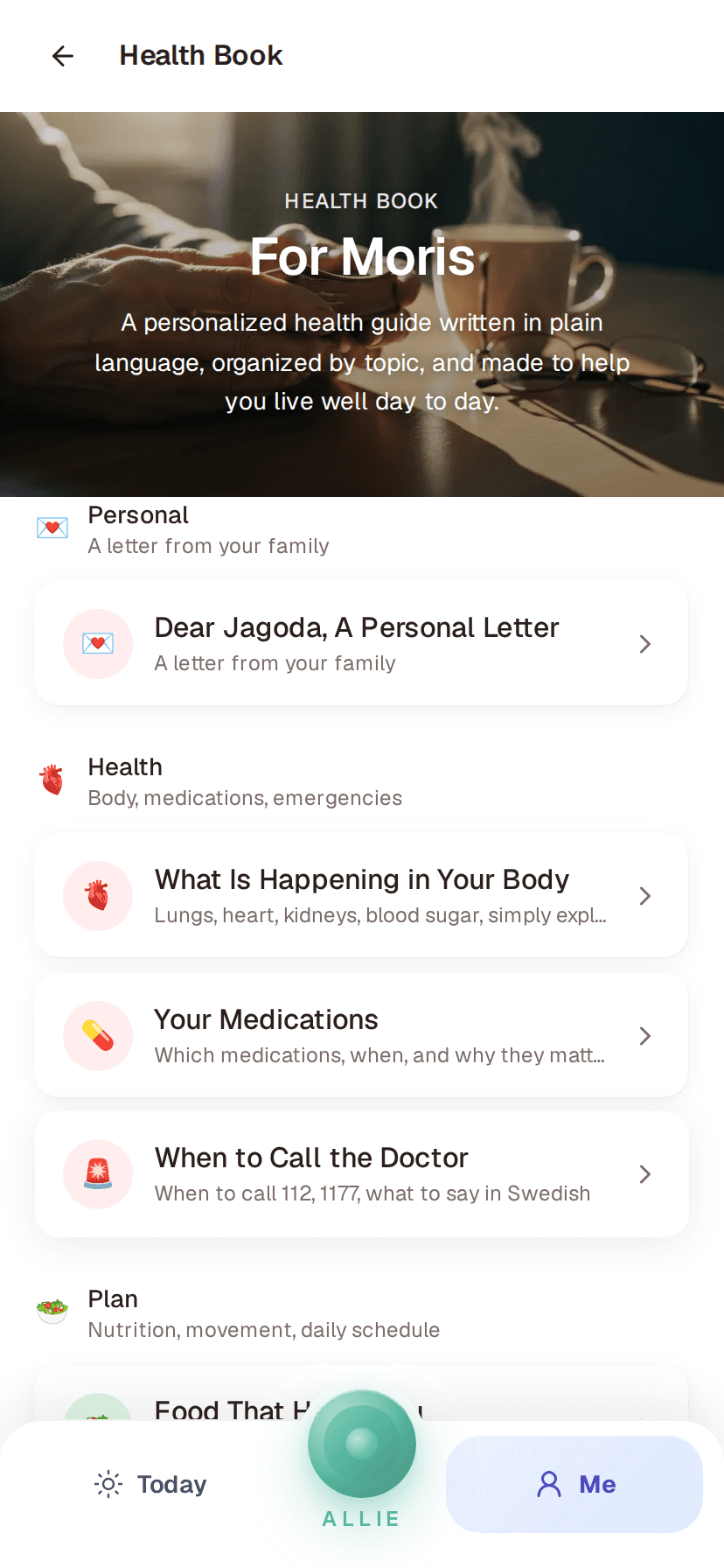 Personalized health book index showing the real patient (Moris) header, no Robert content