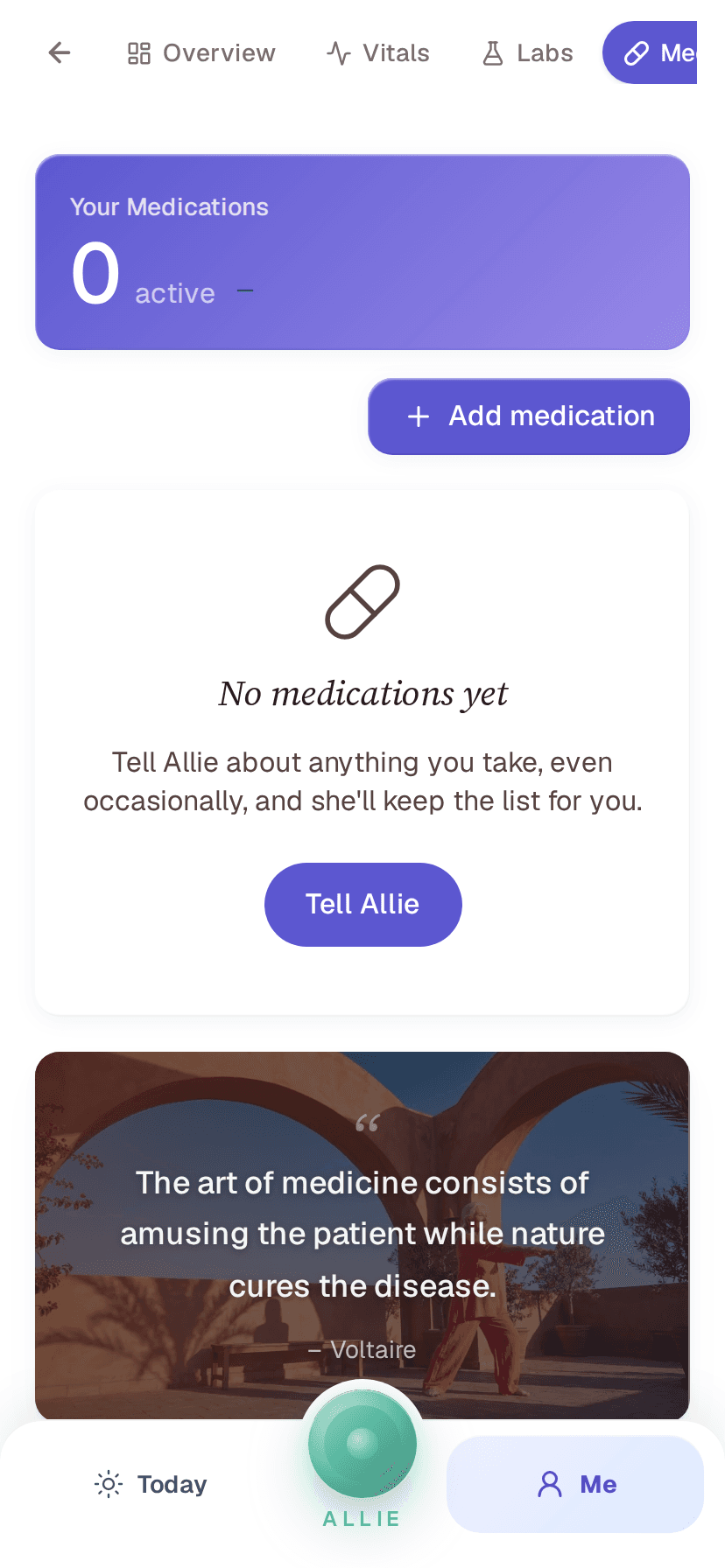 Medications page empty state with Pill icon + "Tell Allie" CTA
