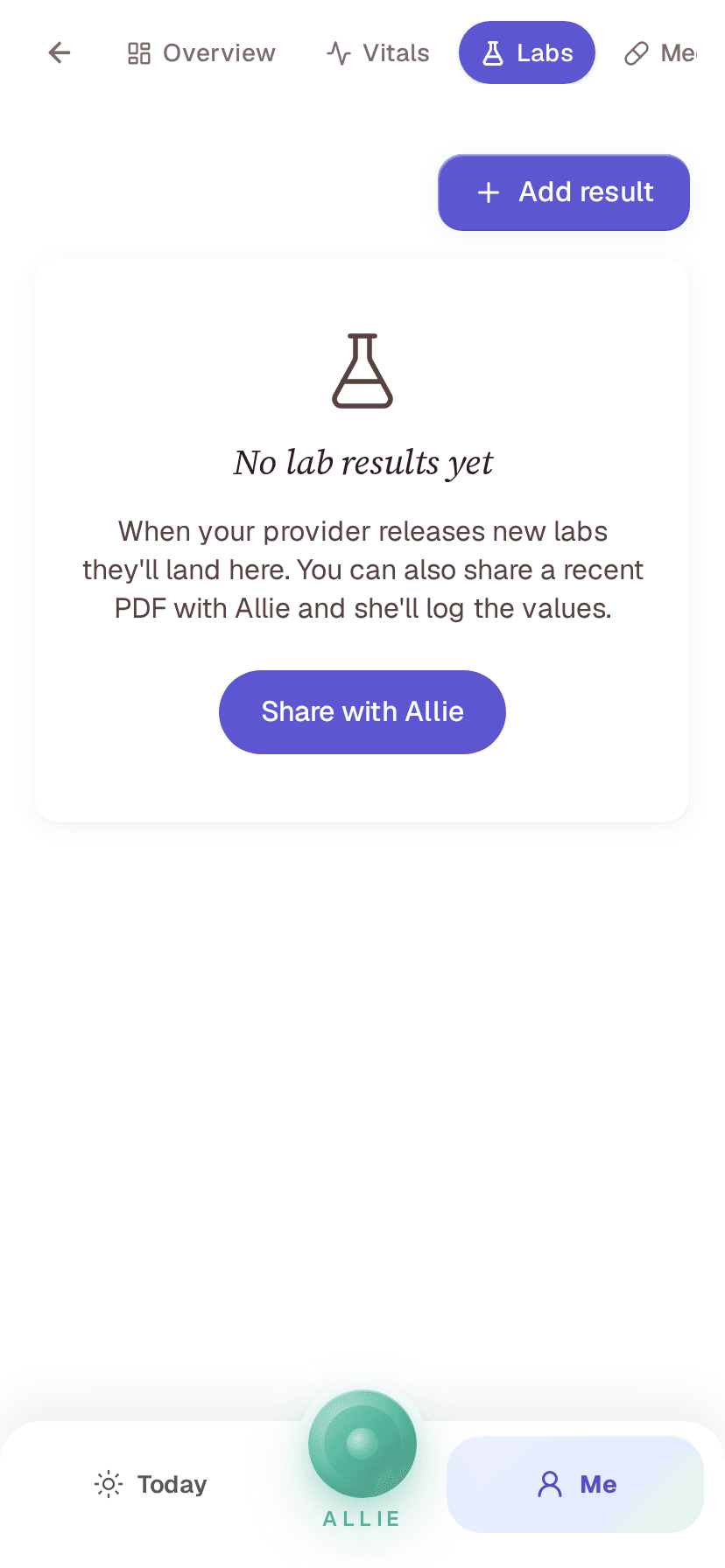 Labs page empty state with FlaskConical icon + "Share with Allie" CTA