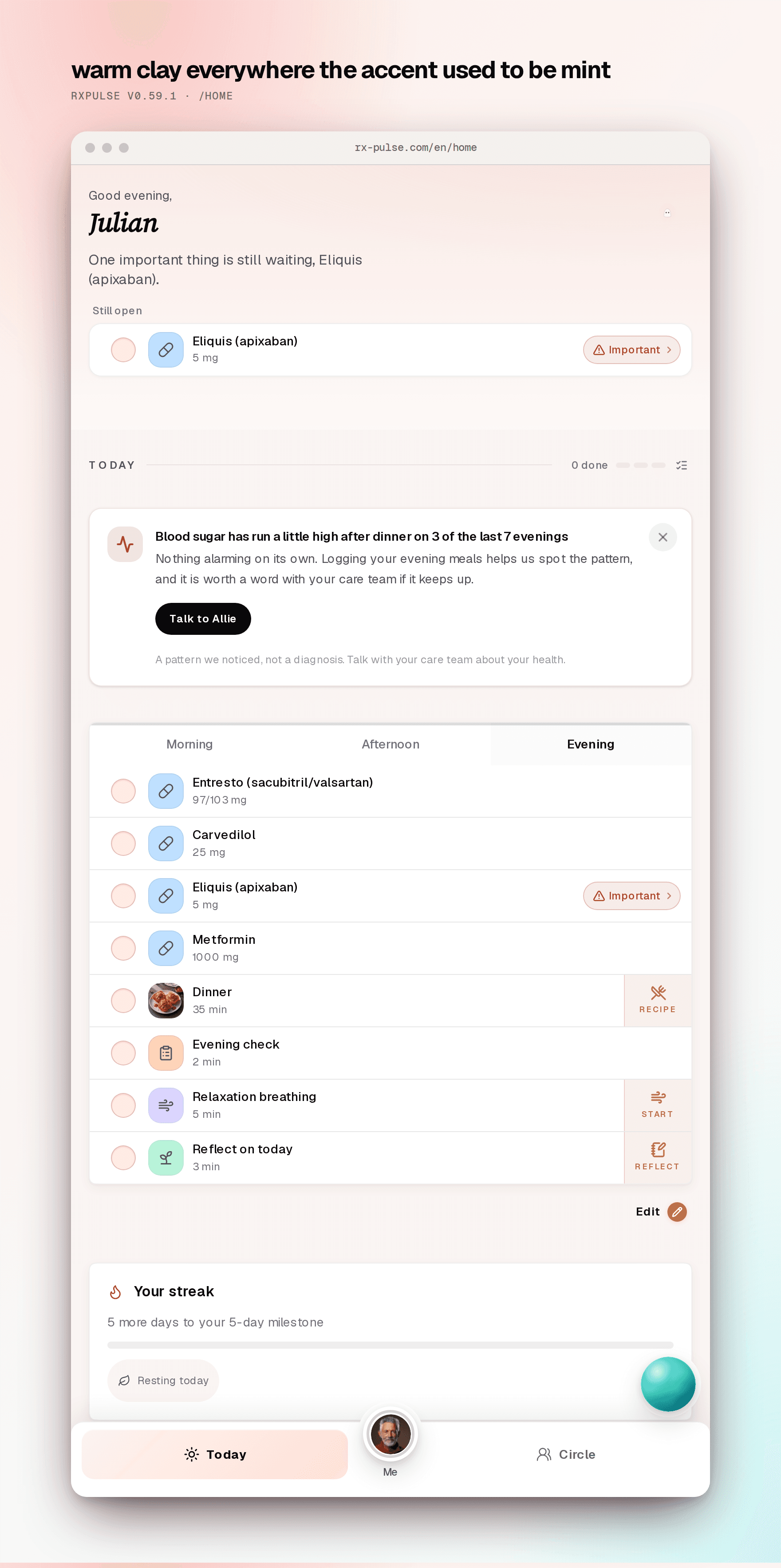 Pulse home screen on a warm porcelain ground with clay accents where the interface previously carried a mint tint.