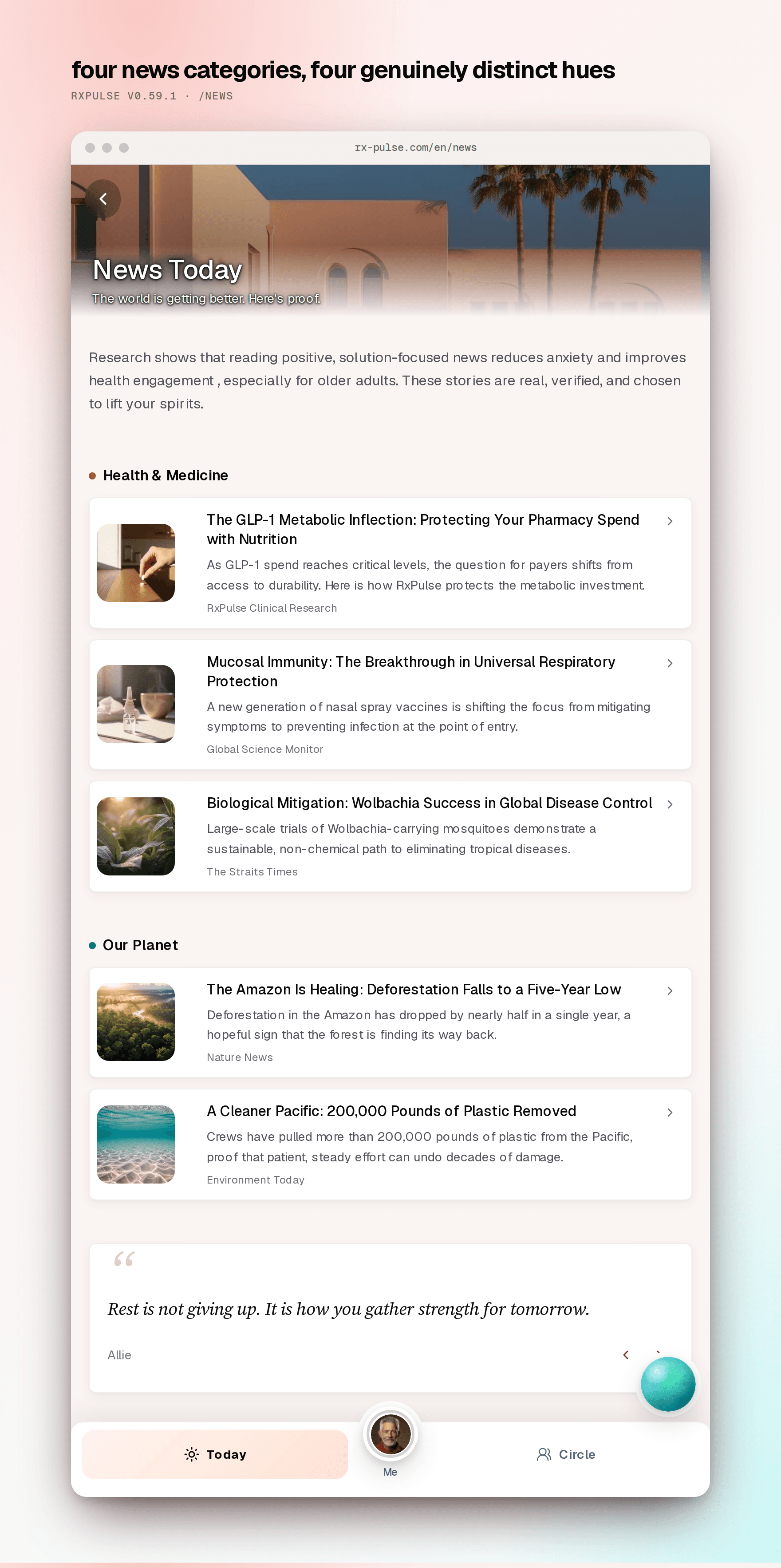 News page showing the Health and Medicine section marked with a crimson dot and the Our Planet section with a teal dot, two clearly different hues.