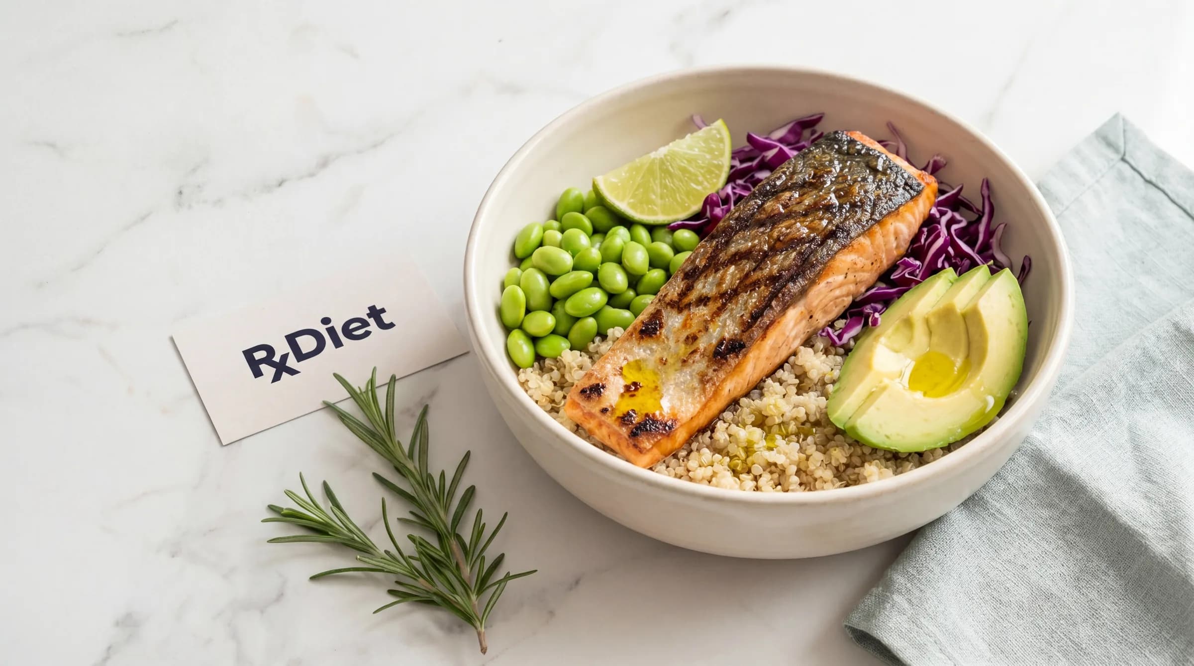Salmon bowl with avocado, edamame, red cabbage and quinoa.