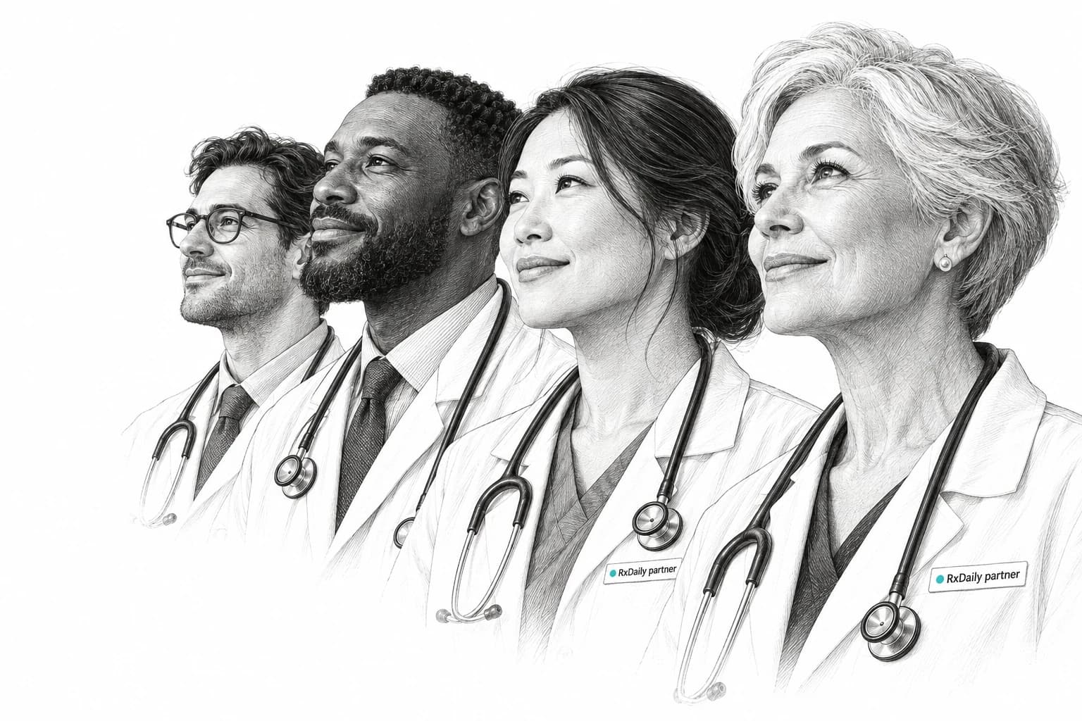Four clinicians wearing subtle RxDaily partner badges.
