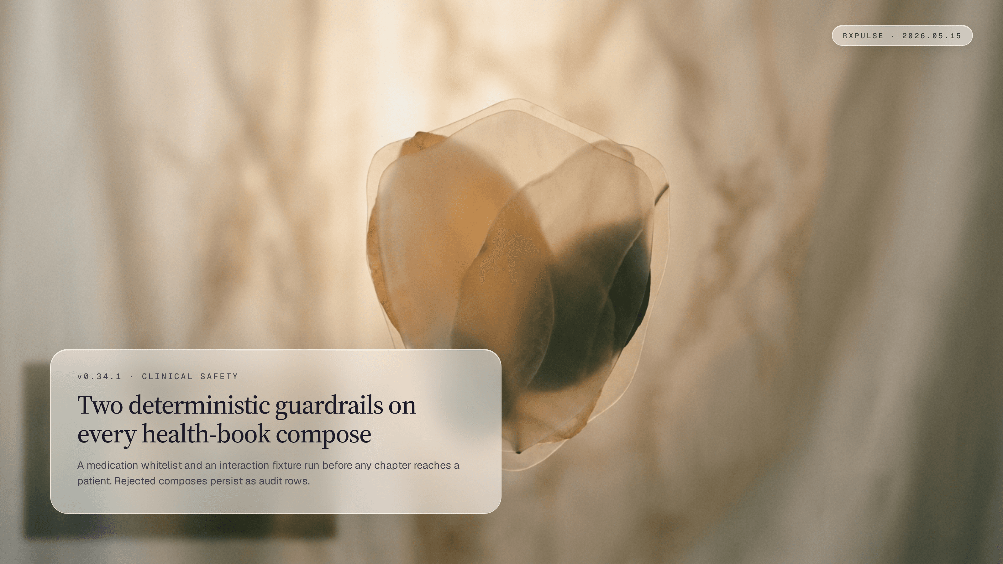 Editorial launch artwork. A single translucent shield-like organic shape suspended in soft amber and forest-green light, paired with a glass caption card naming the clinical safety release.
