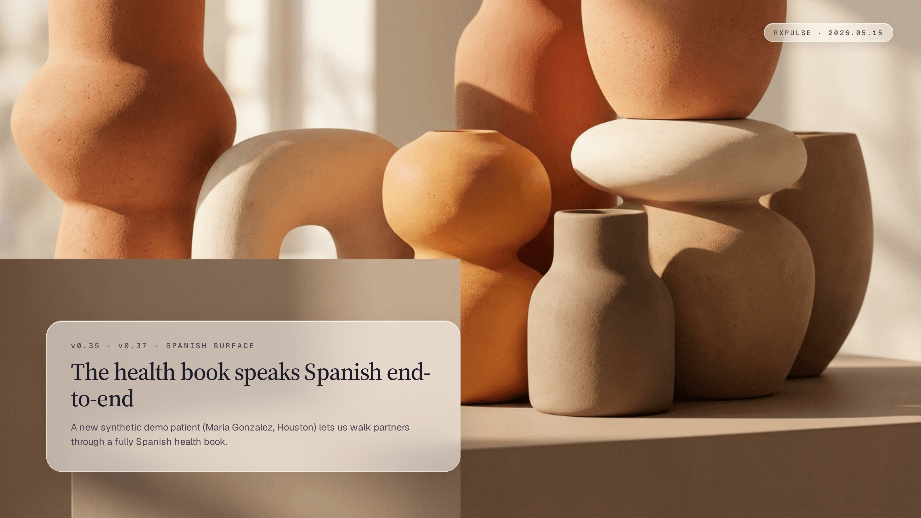 Editorial launch artwork. Sun-warmed terracotta organic shapes layered on a cream and dusky-orange backdrop, paired with a glass caption card naming the Spanish surface release.