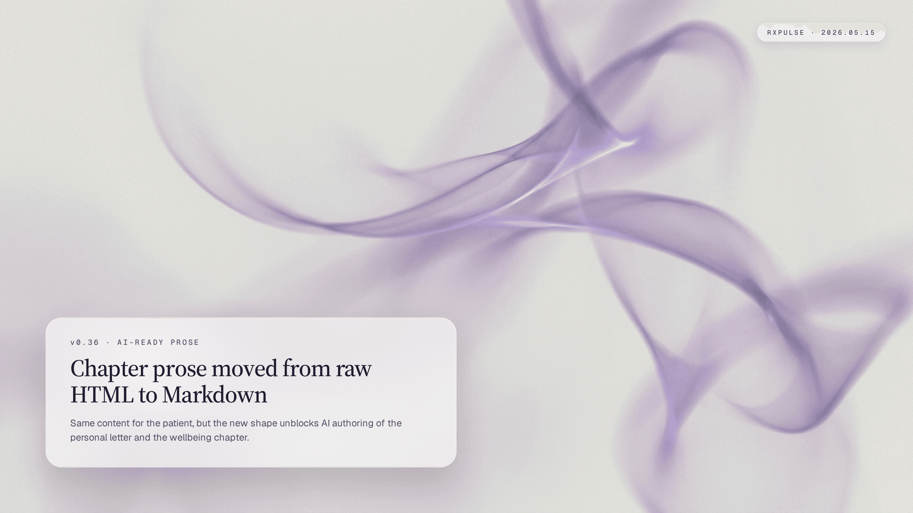 Editorial launch artwork. Flowing translucent ribbons of soft violet light on a lavender-mist backdrop, paired with a glass caption card naming the markdown migration release.