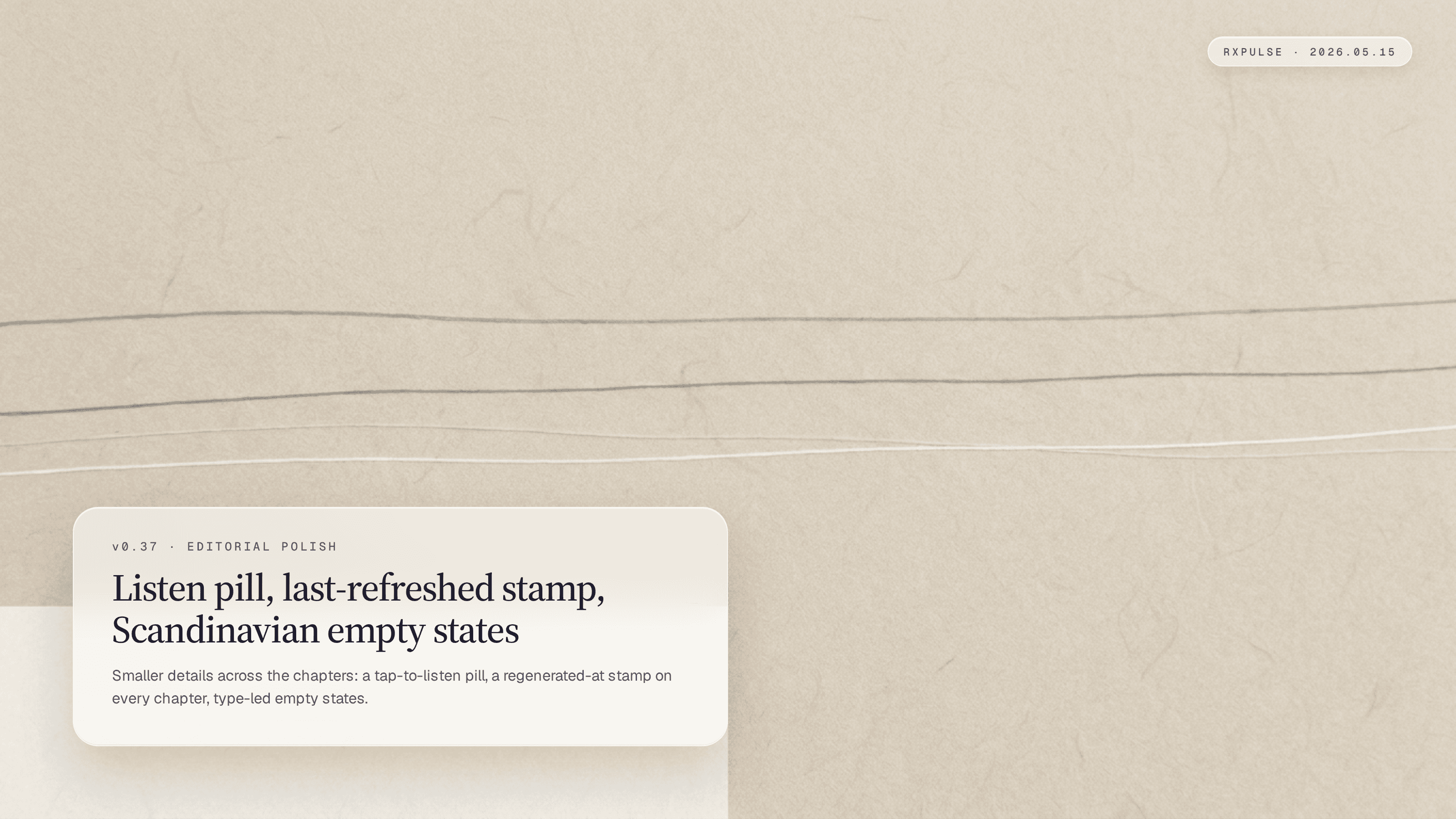 Editorial launch artwork. Three soft horizontal hairlines on warm paper, restrained Scandinavian palette of beige, off-white, and the palest sage, paired with a glass caption card naming the editorial polish bundle.