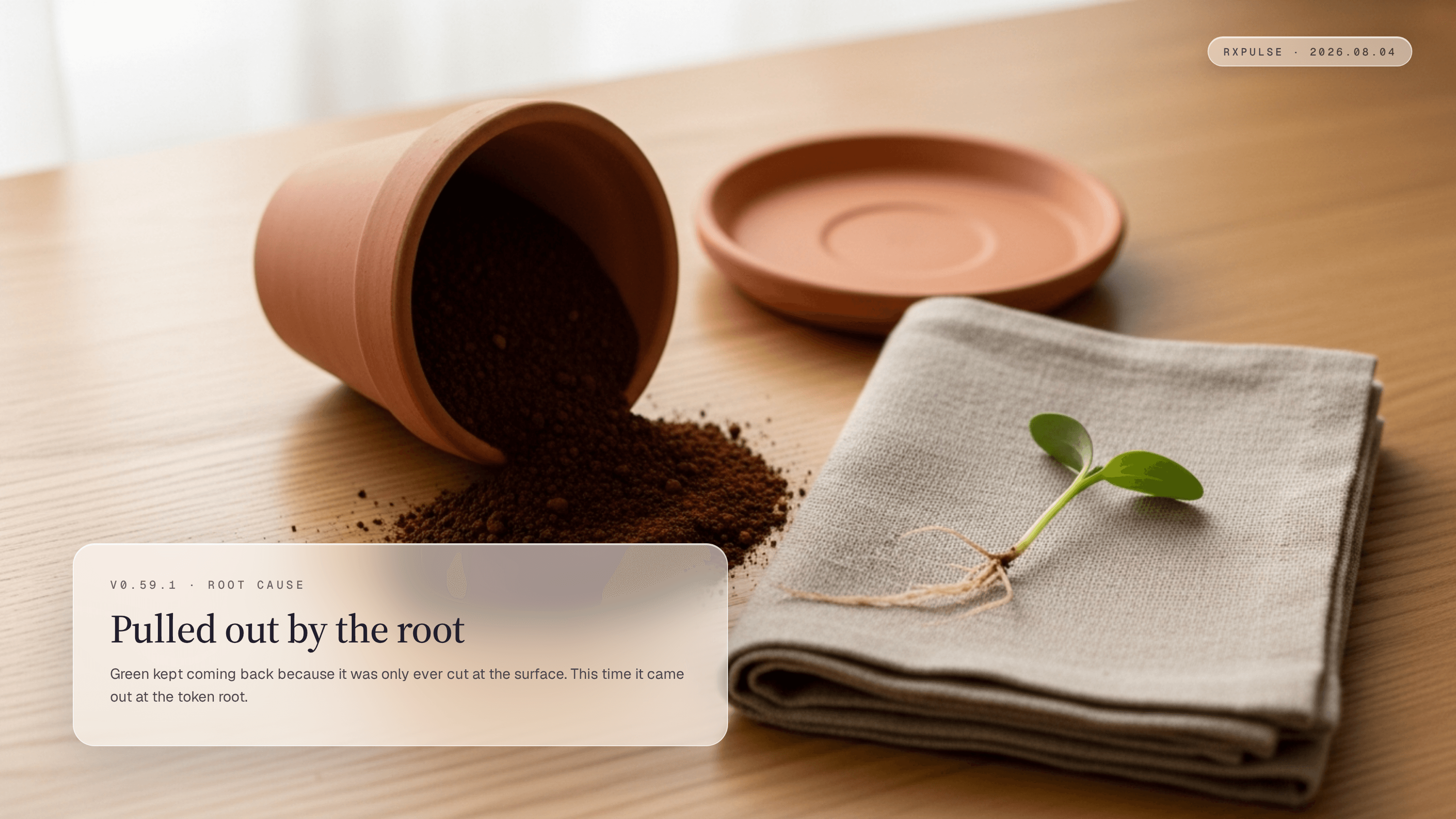 Release hero art: a terracotta pot tipped on its side spilling warm clay soil across pale oak, with a single green seedling lifted clear and laid on folded linen beside it, its pale roots fully intact. Captioned "Pulled out by the root."